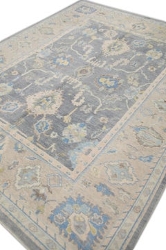 Alfombra Turca Oushak Tejida a Mano Lana Marrón Azul Floral 7'11" x 9'11"