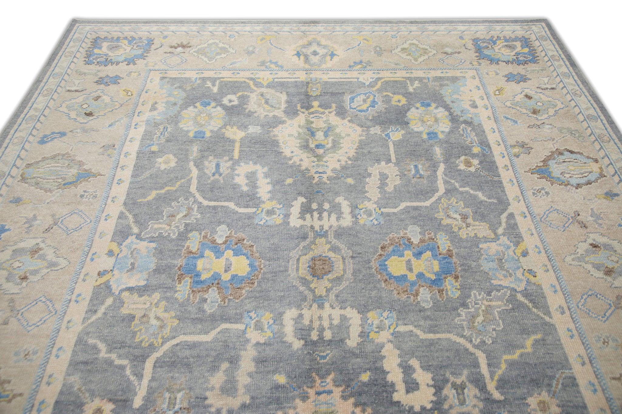 Türkischer Oushak Teppich Handgewebte Wolle Brown Blue Floral 7'11