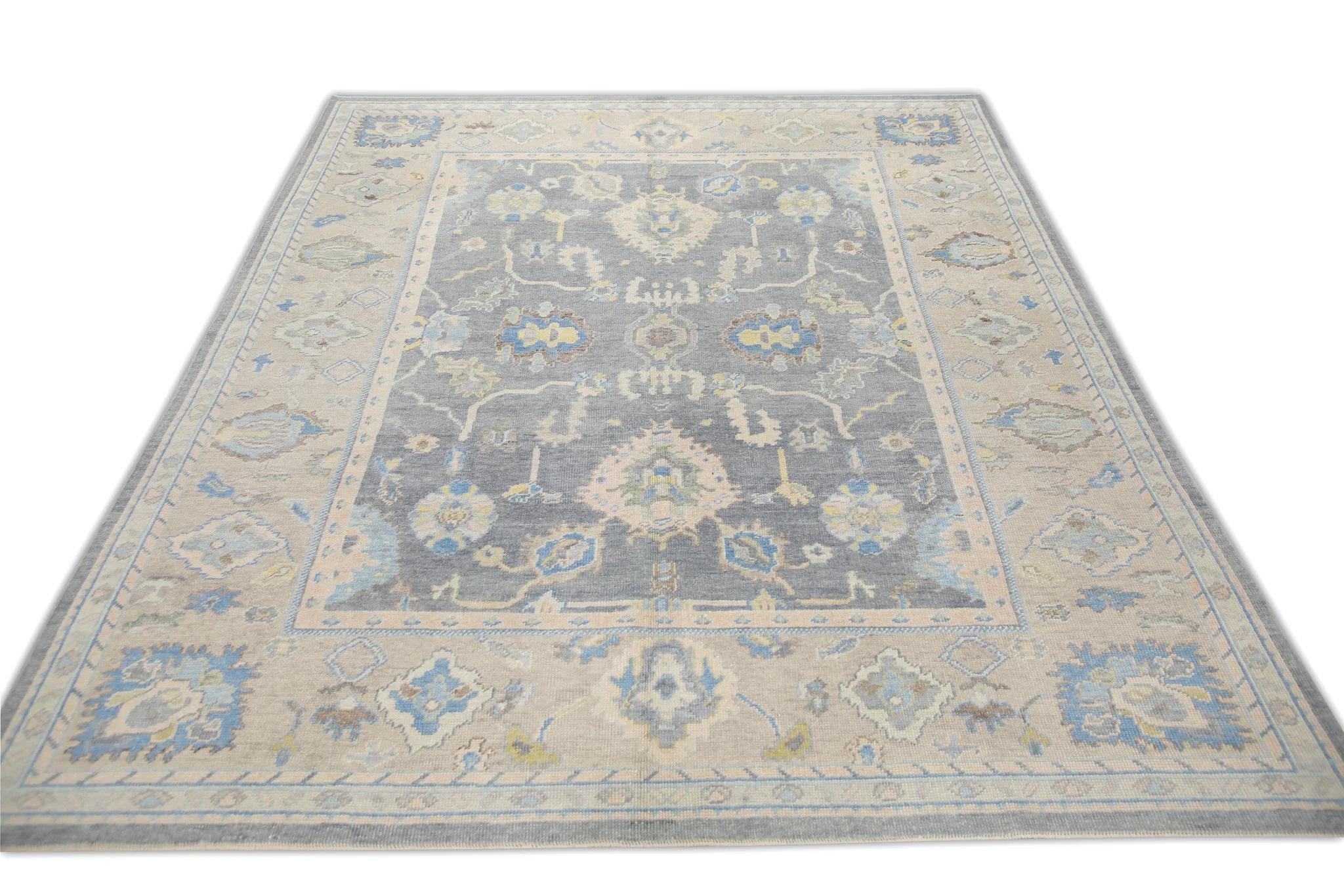 Türkischer Oushak Teppich Handgewebte Wolle Brown Blue Floral 7'11