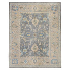 Alfombra Turca Oushak Tejida a Mano Lana Marrón Azul Floral 7'11" x 9'11"