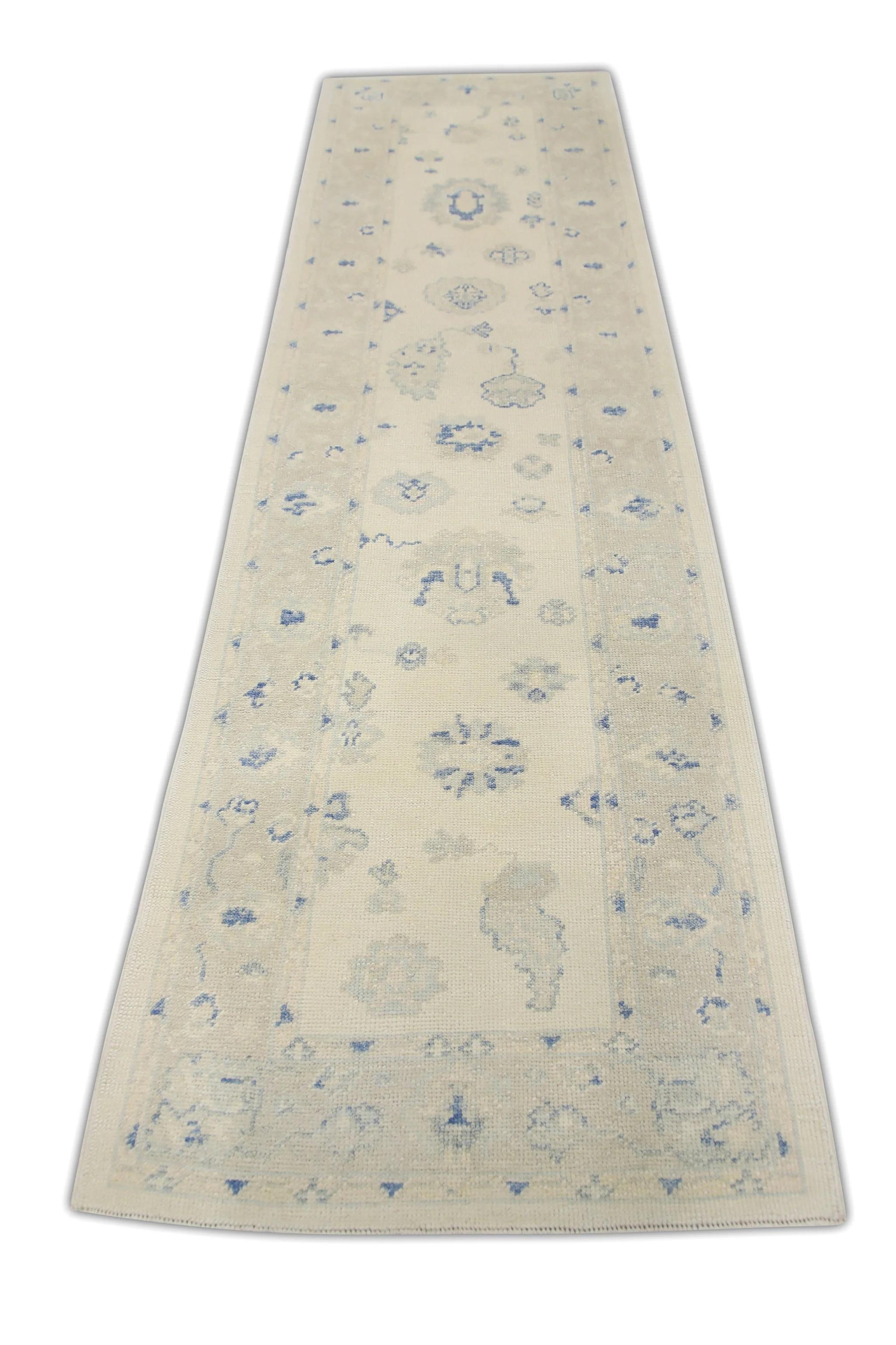 Turkish Oushak Rug Handwoven Wool Cream Blue Floral 3'1