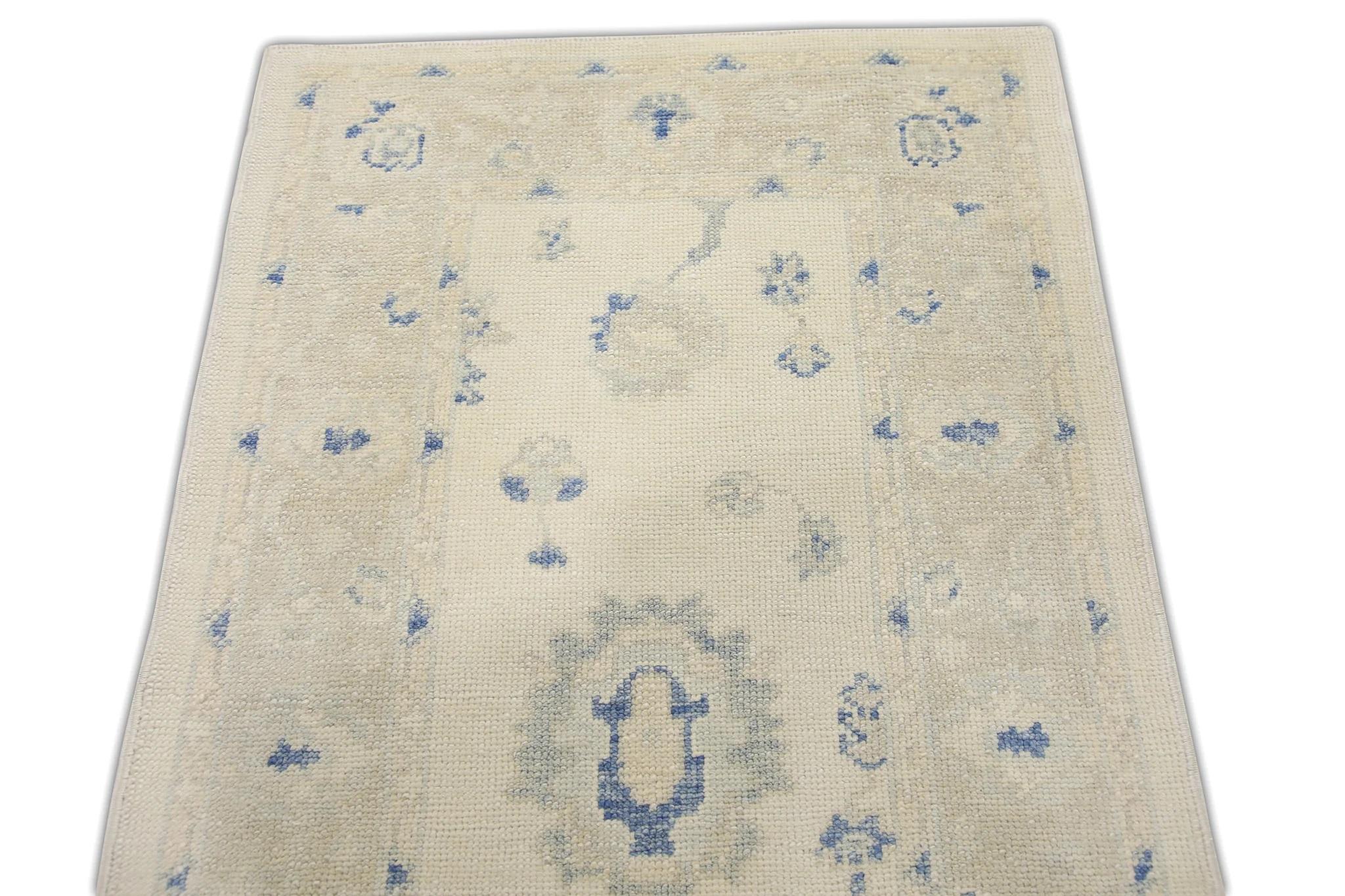 Turkish Oushak Rug Handwoven Wool Cream Blue Floral 3'1