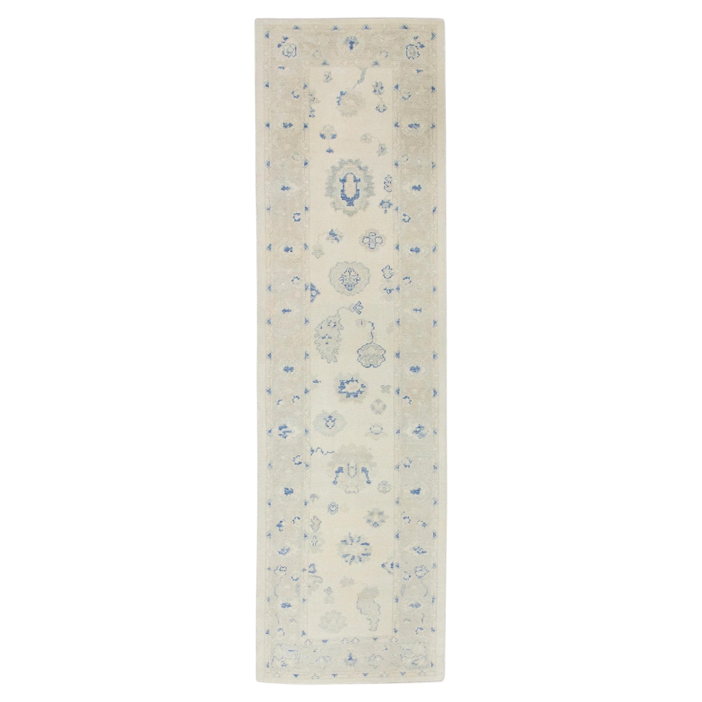 Turkish Oushak Rug Handwoven Wool Cream Blue Floral 3'1" x 10'8"