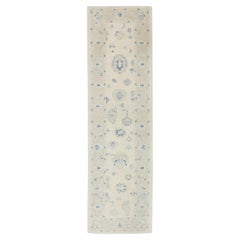 Alfombra Turca Oushak Tejida a Mano Lana Crema Azul Floral 3'1" x 10'8