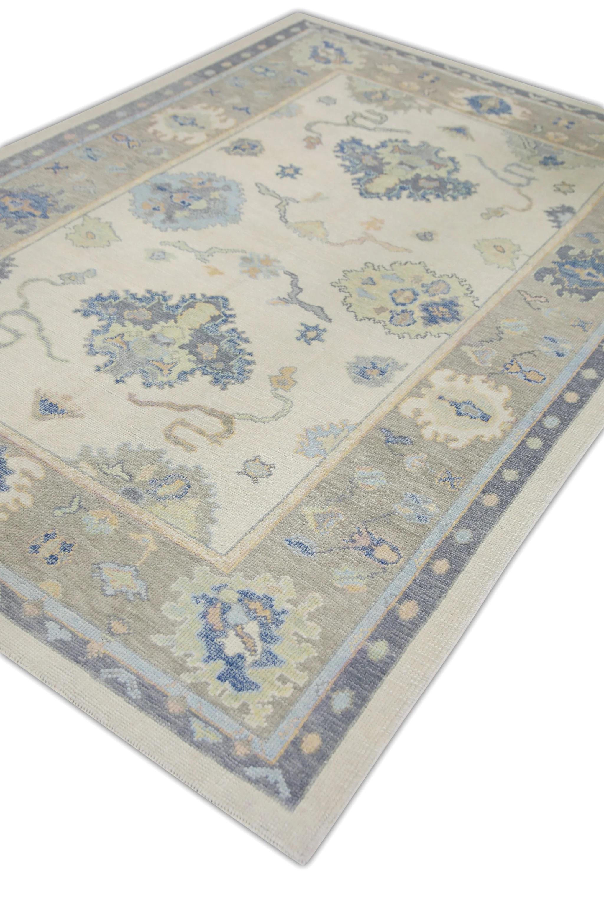 Tapis turc Oushak tissé à la main, bleu crème et à fleurs 6'2