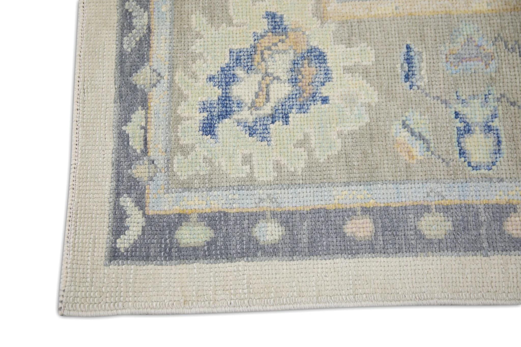 Turc Tapis turc Oushak tissé à la main, bleu crème et à fleurs 6'2