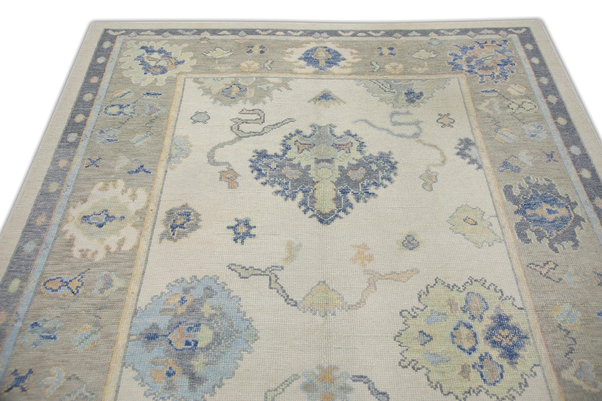 Teinture végétale Tapis turc Oushak tissé à la main, bleu crème et à fleurs 6'2