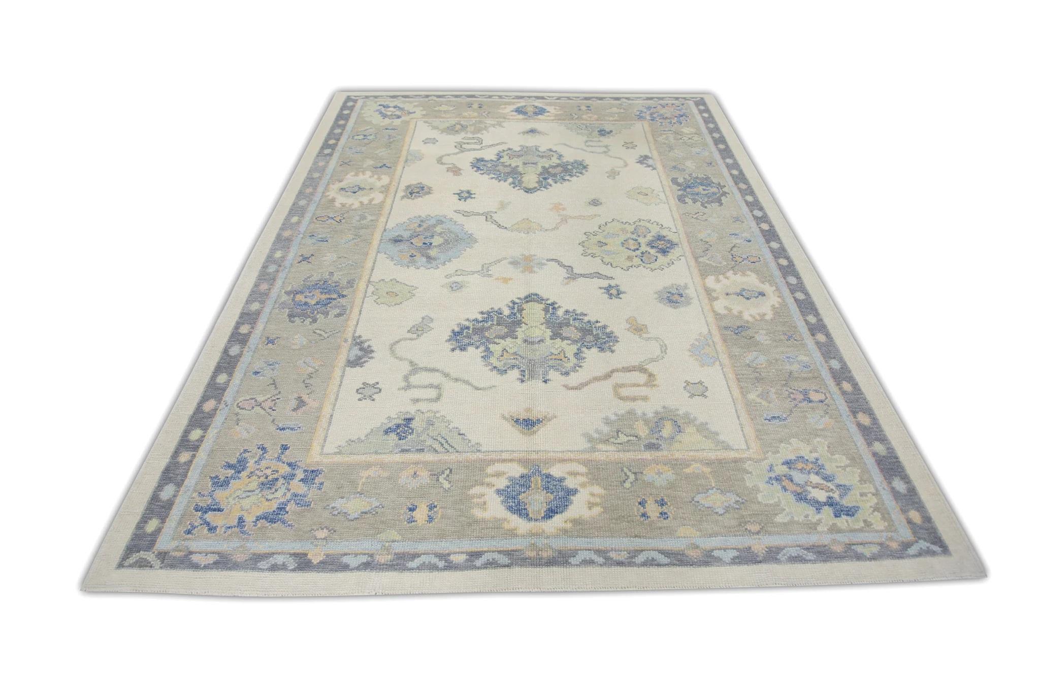 Tapis turc Oushak tissé à la main, bleu crème et à fleurs 6'2
