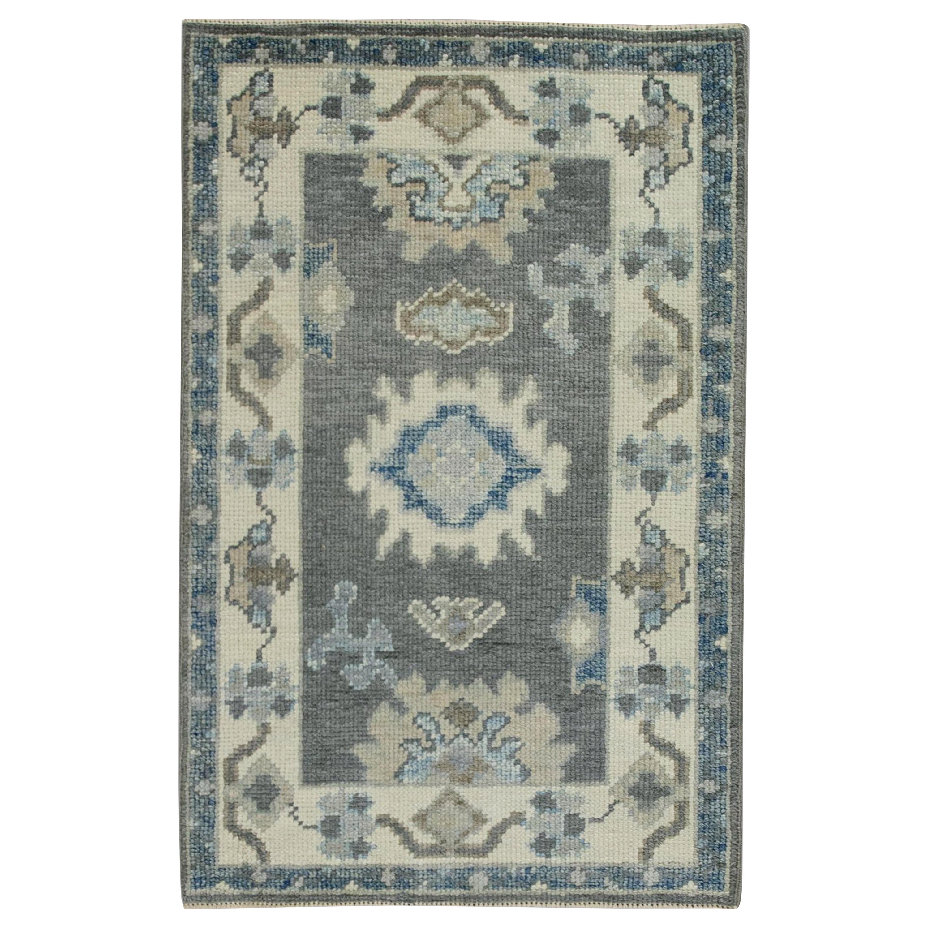 Turkish Oushak Rug Handwoven Wool Gray & Blue Floral Rug 2' x 3'3"