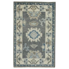 Turkish Oushak Rug Handwoven Wool Gray & Blue Floral Rug 2' x 3'3"