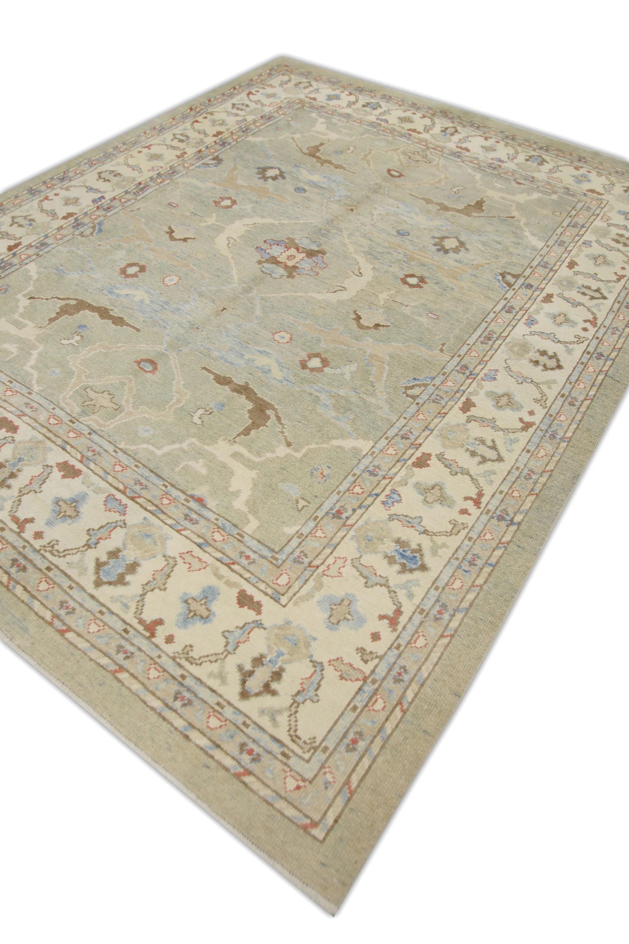 Türkischer Oushak Teppich Handgewebte Wolle Grün Braun Rot Floral 8'3
