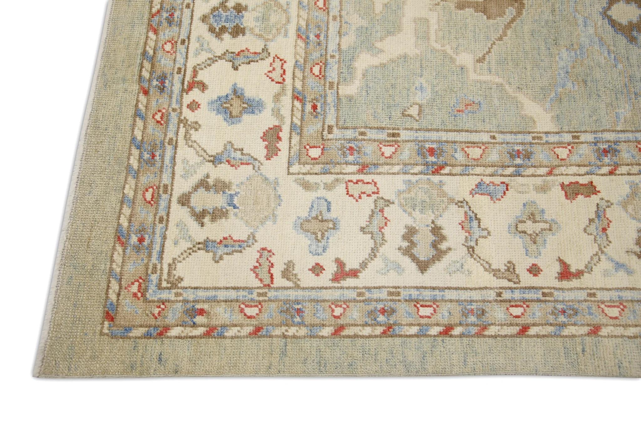 Türkischer Oushak Teppich Handgewebte Wolle Grün Braun Rot Floral 8'3
