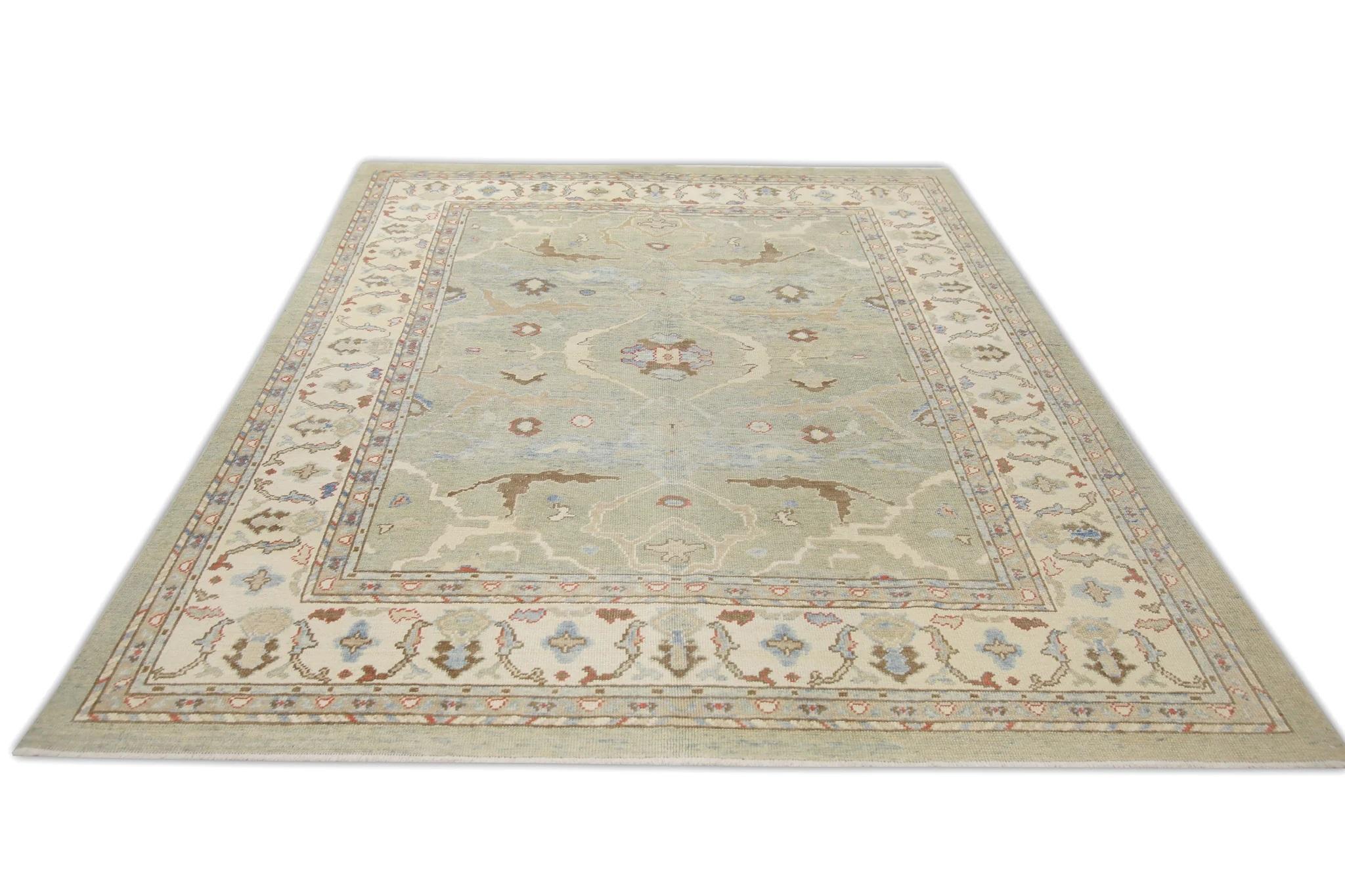 Türkischer Oushak Teppich Handgewebte Wolle Grün Braun Rot Floral 8'3