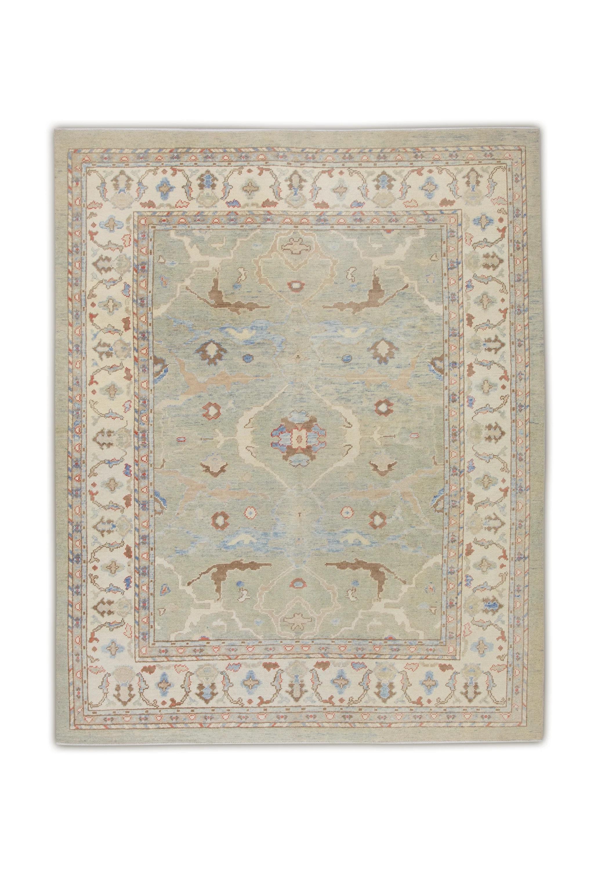 Türkischer Oushak Teppich Handgewebte Wolle Grün Braun Rot Floral 8'3