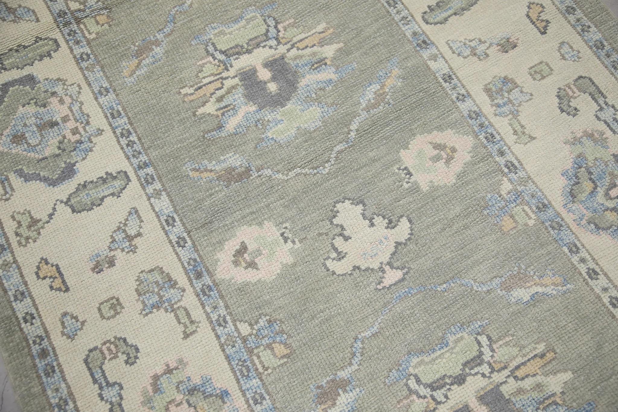 Turkish Oushak Rug Handwoven Wool Green Floral Rug 3'11