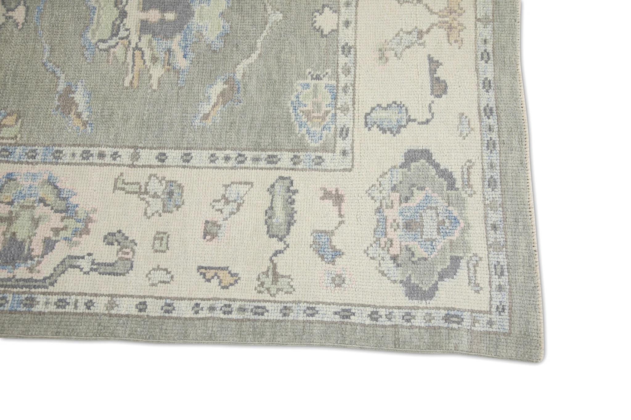 Modern Turkish Oushak Rug Handwoven Wool Green Floral Rug 3'11