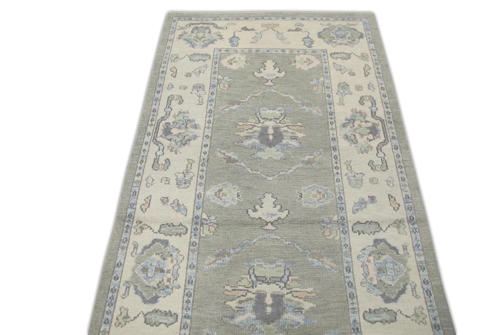 Turkish Oushak Rug Handwoven Wool Green Floral Rug 3'11