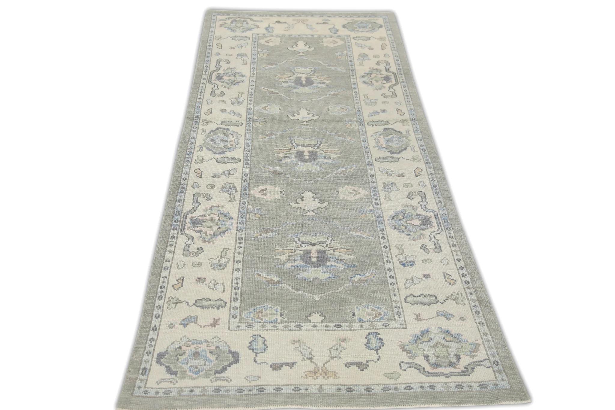Contemporary Turkish Oushak Rug Handwoven Wool Green Floral Rug 3'11