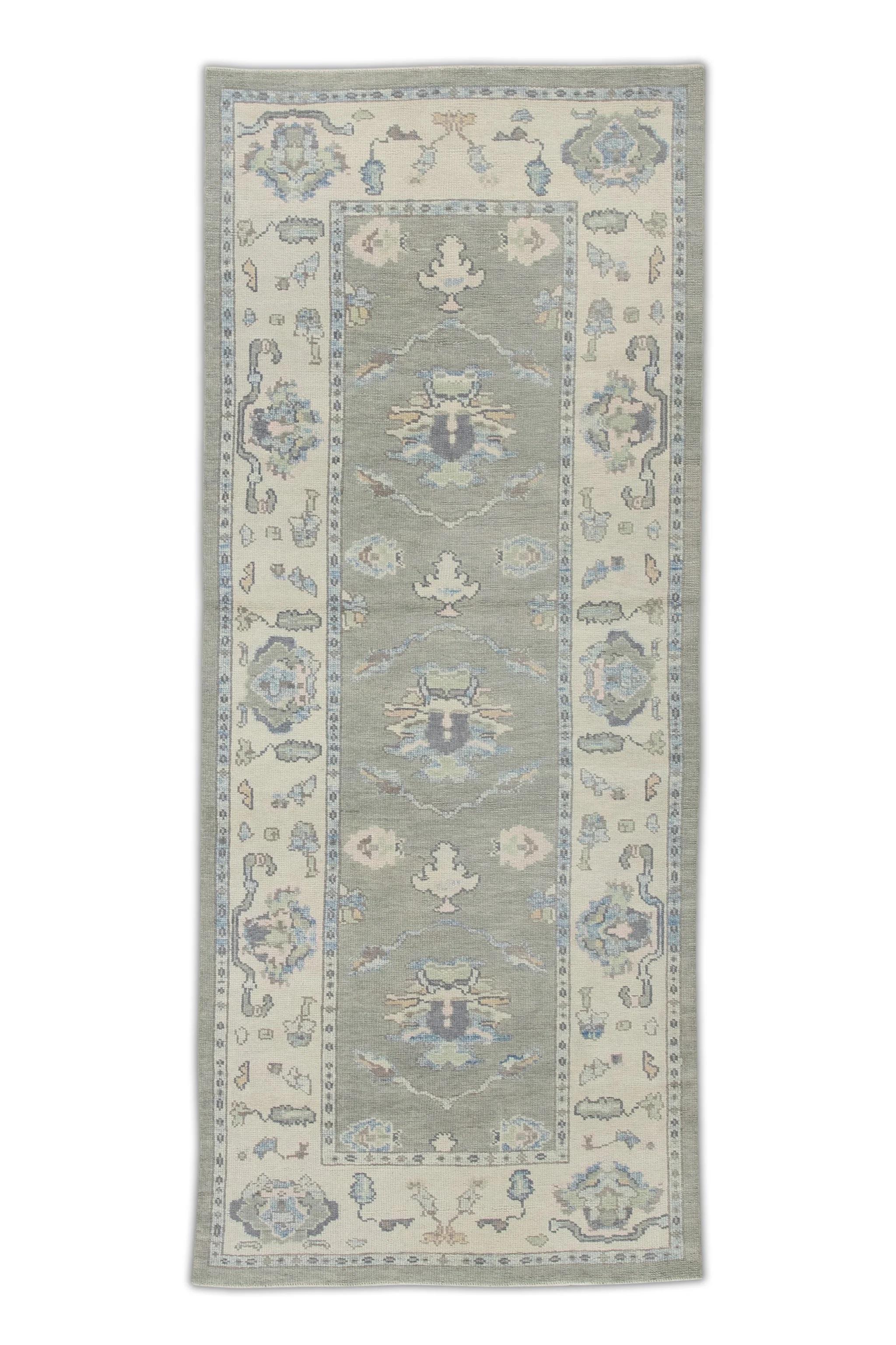 Turkish Oushak Rug Handwoven Wool Green Floral Rug 3'11