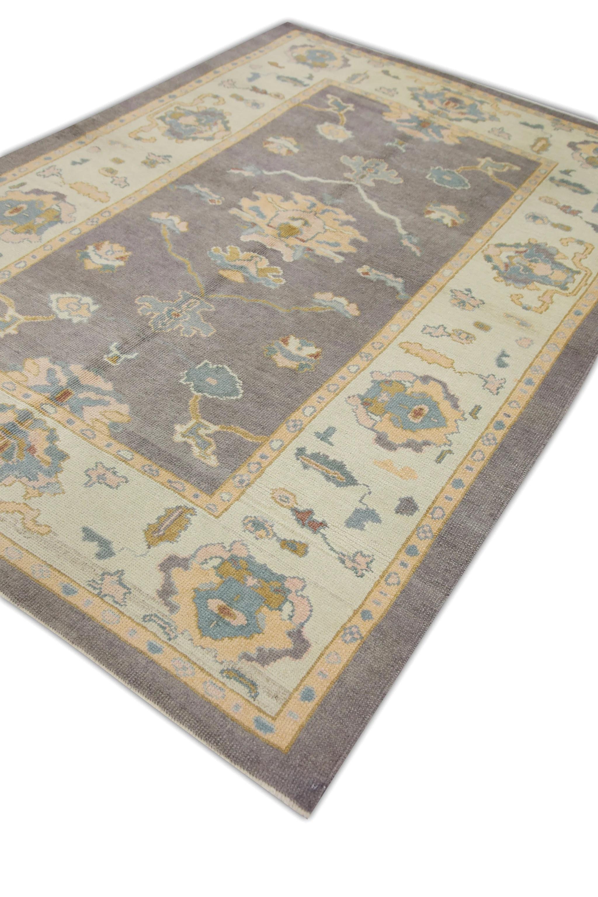 Turkish Oushak Rug Handwoven Wool Purple and Blue Handmade Rug 6'4