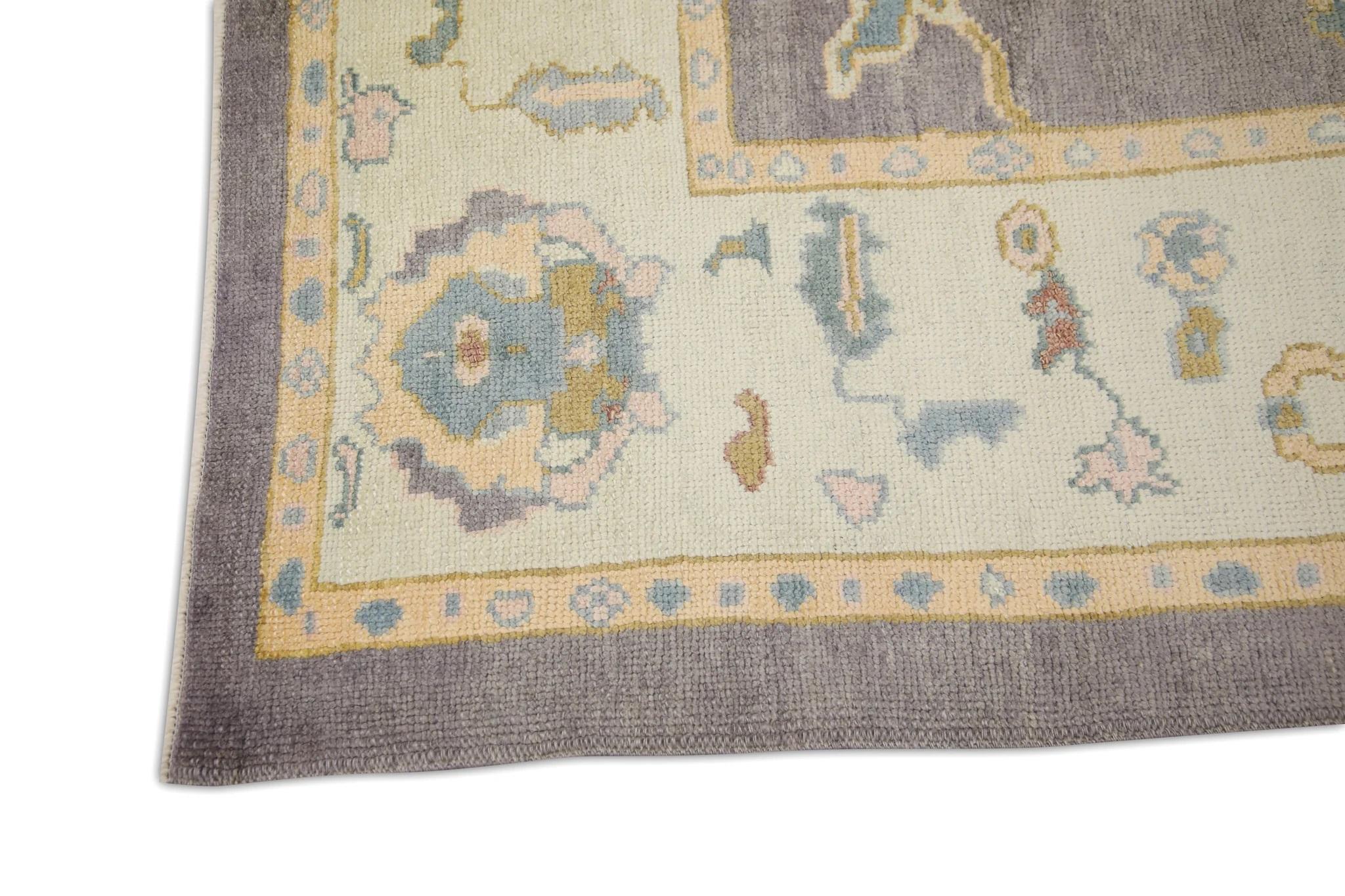 Vegetable Dyed Turkish Oushak Rug Handwoven Wool Purple and Blue Handmade Rug 6'4