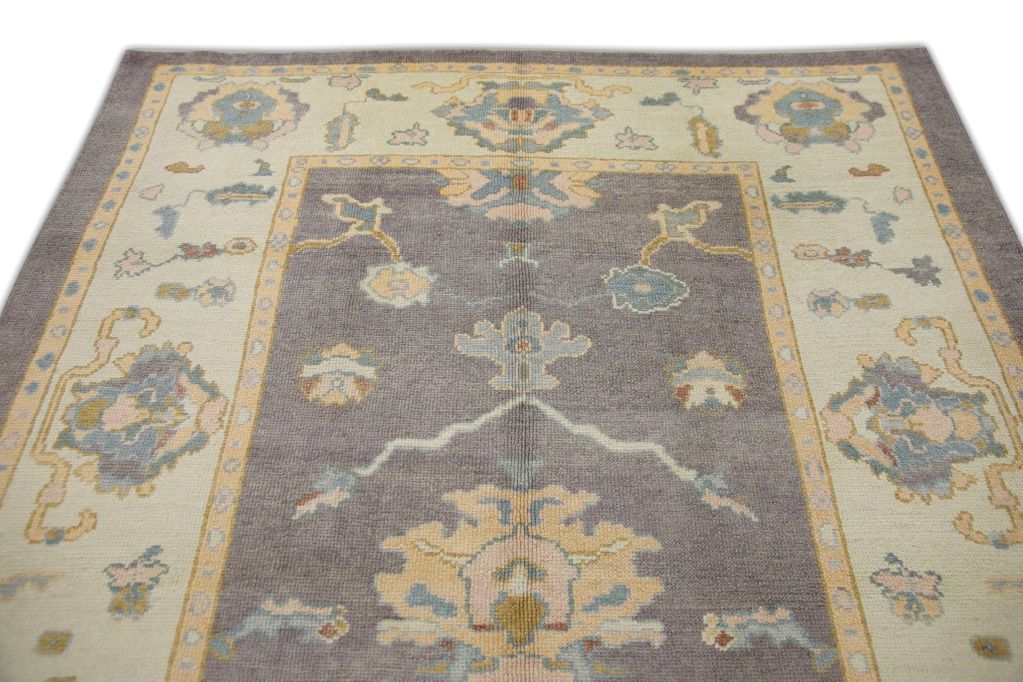 Turkish Oushak Rug Handwoven Wool Purple and Blue Handmade Rug 6'4