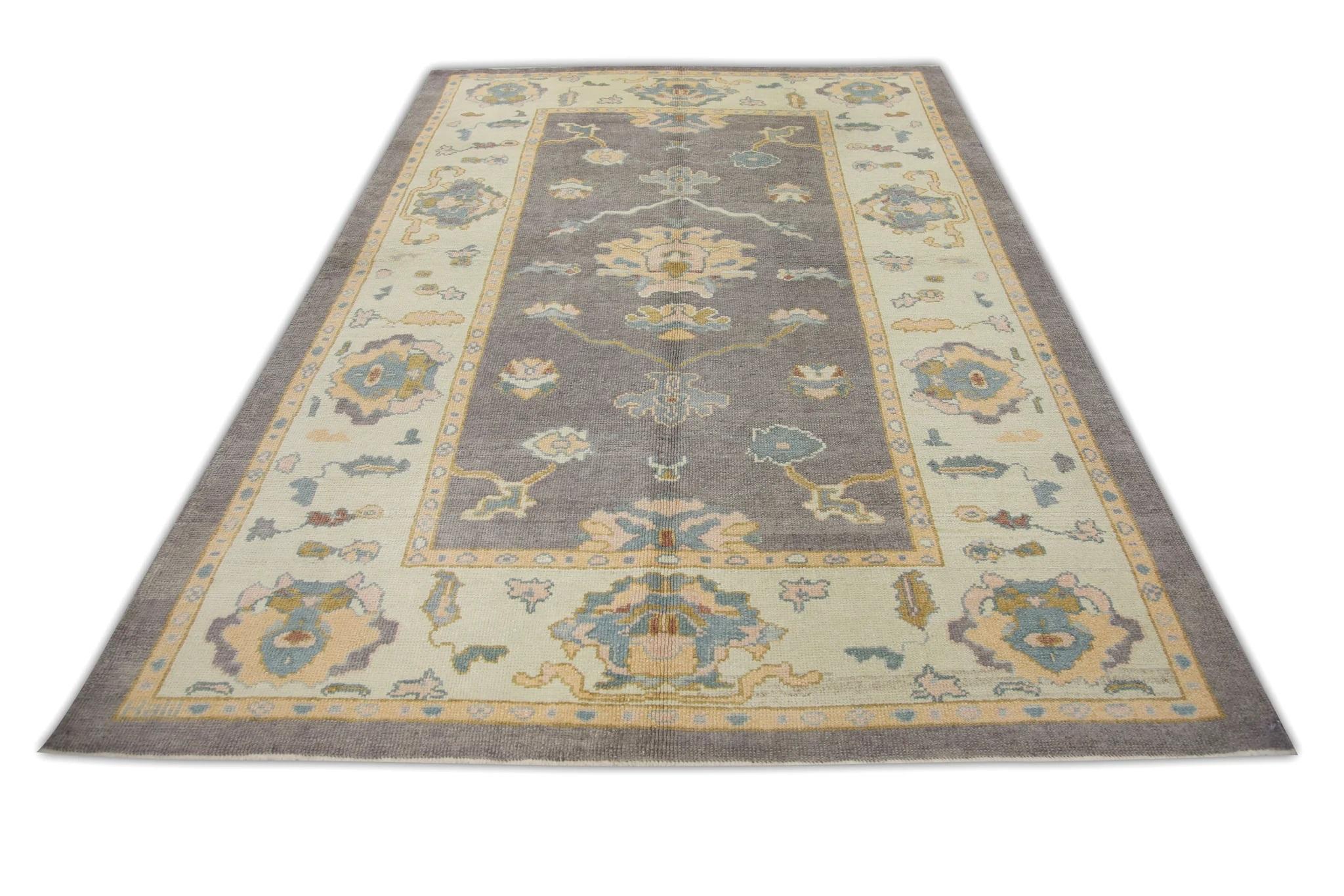 Contemporary Turkish Oushak Rug Handwoven Wool Purple and Blue Handmade Rug 6'4