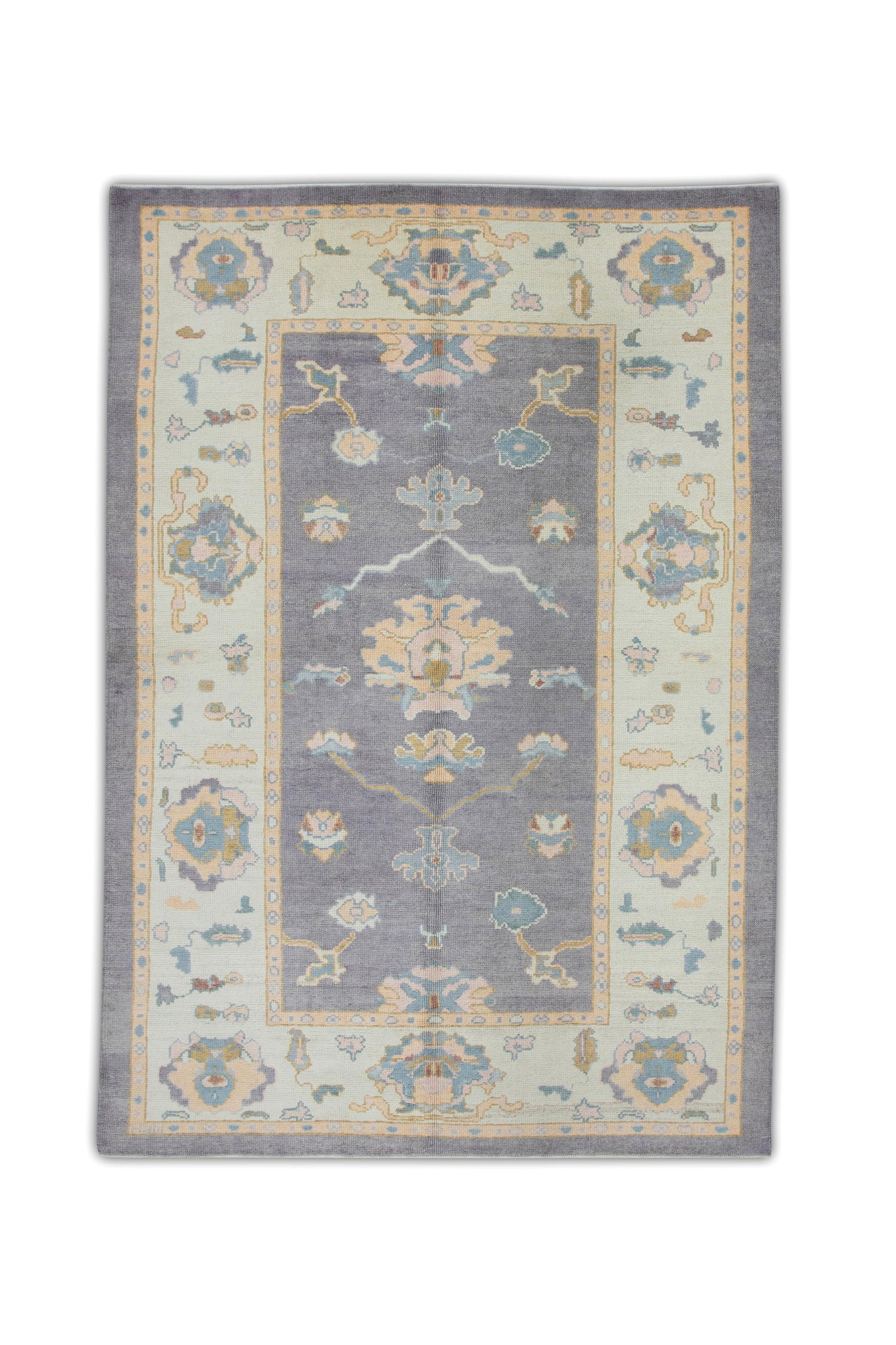 Turkish Oushak Rug Handwoven Wool Purple and Blue Handmade Rug 6'4