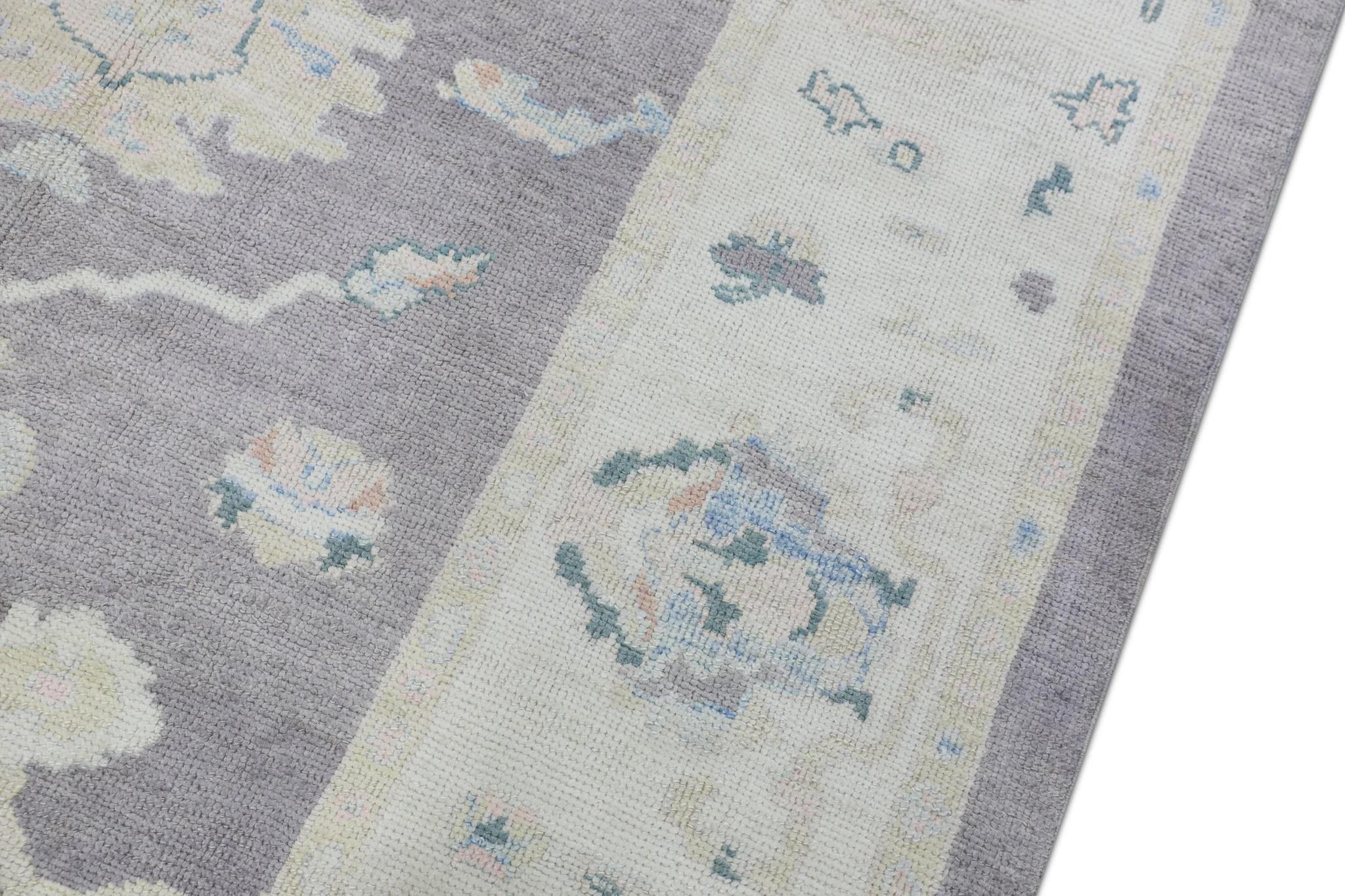 Türkischer Oushak Teppich Handgewebte Wolle Lila Blau Floral Design Teppich 6'2