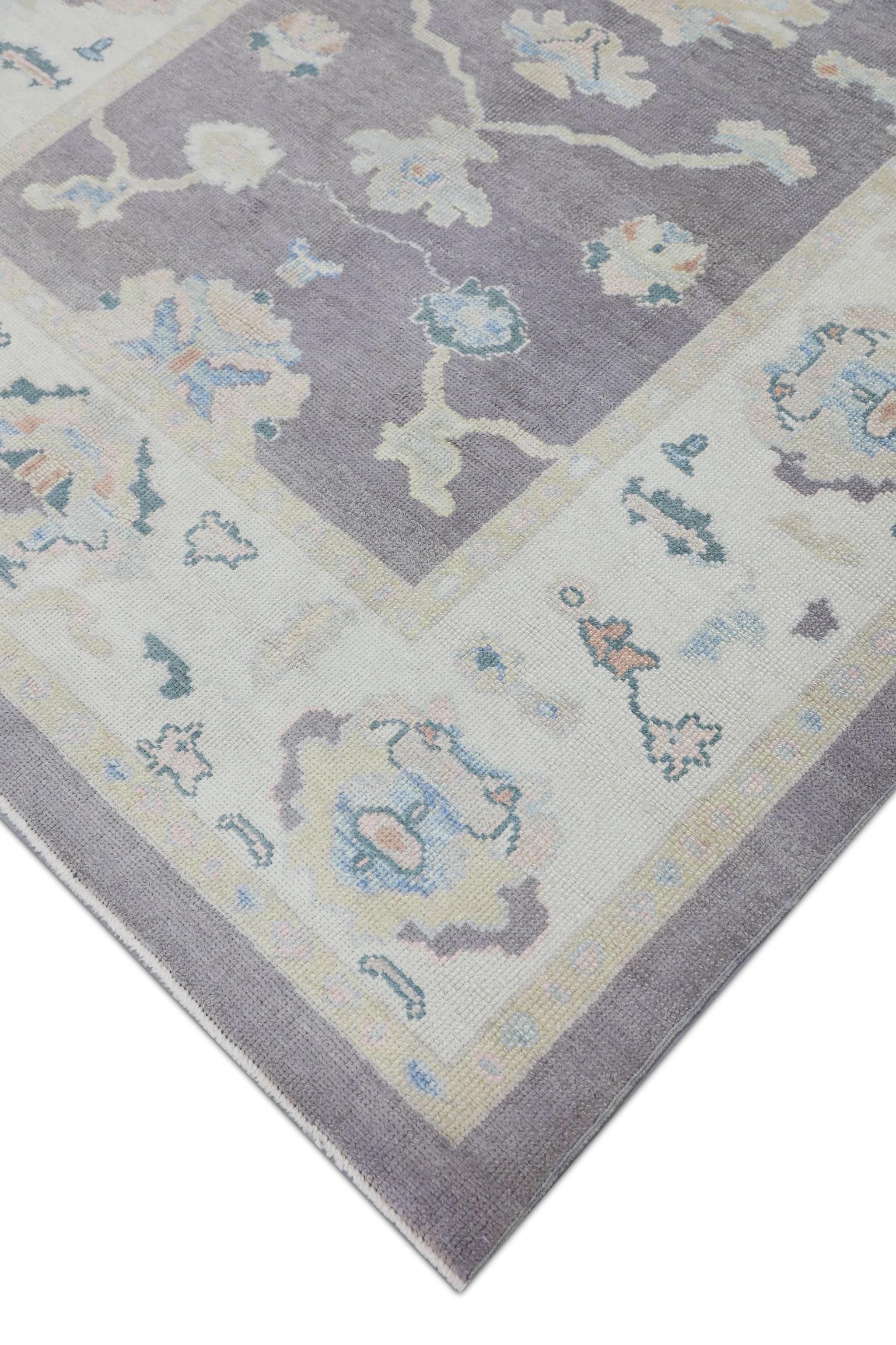 Türkischer Oushak Teppich Handgewebte Wolle Lila Blau Floral Design Teppich 6'2