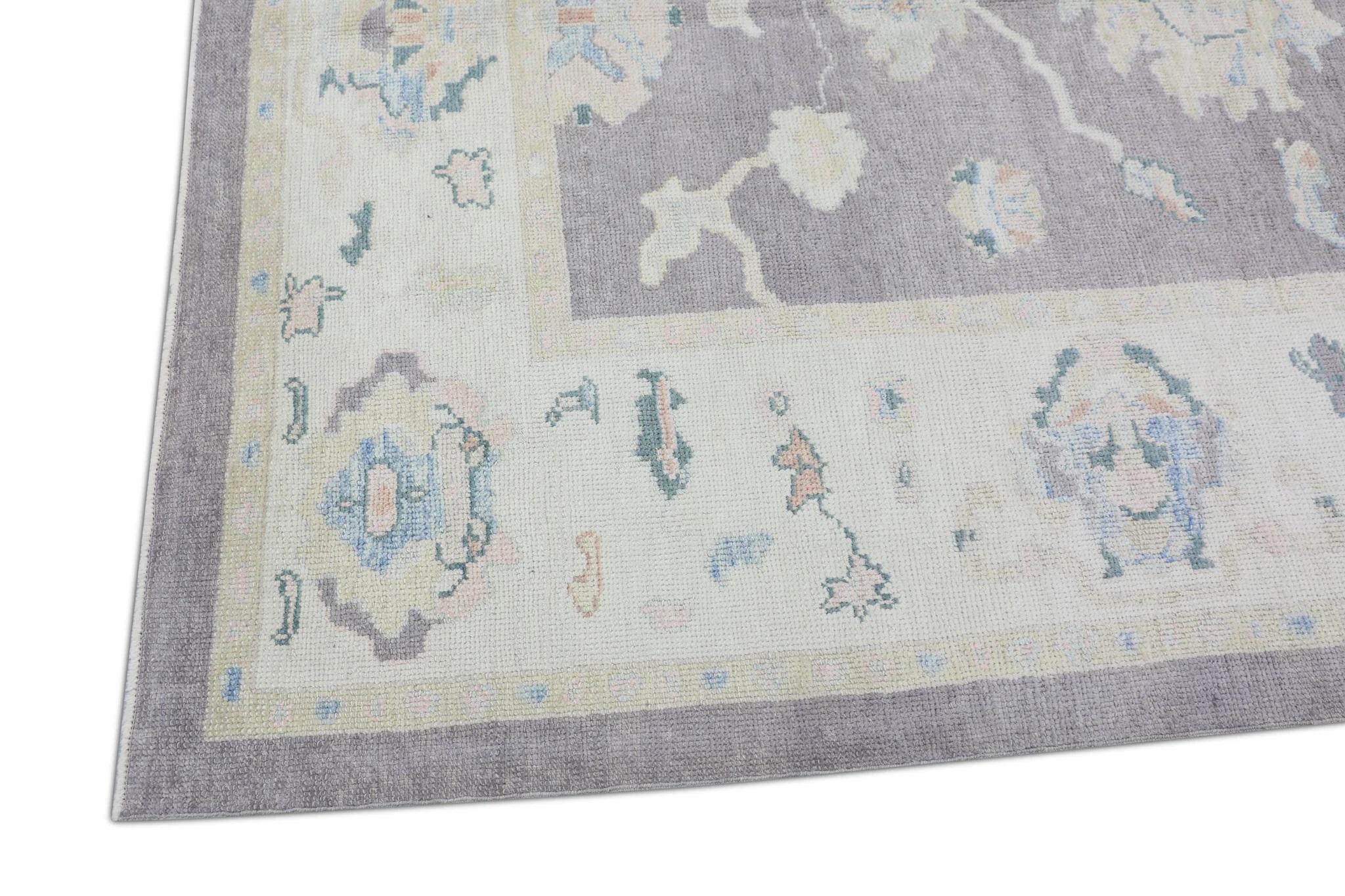 Türkischer Oushak Teppich Handgewebte Wolle Lila Blau Floral Design Teppich 6'2