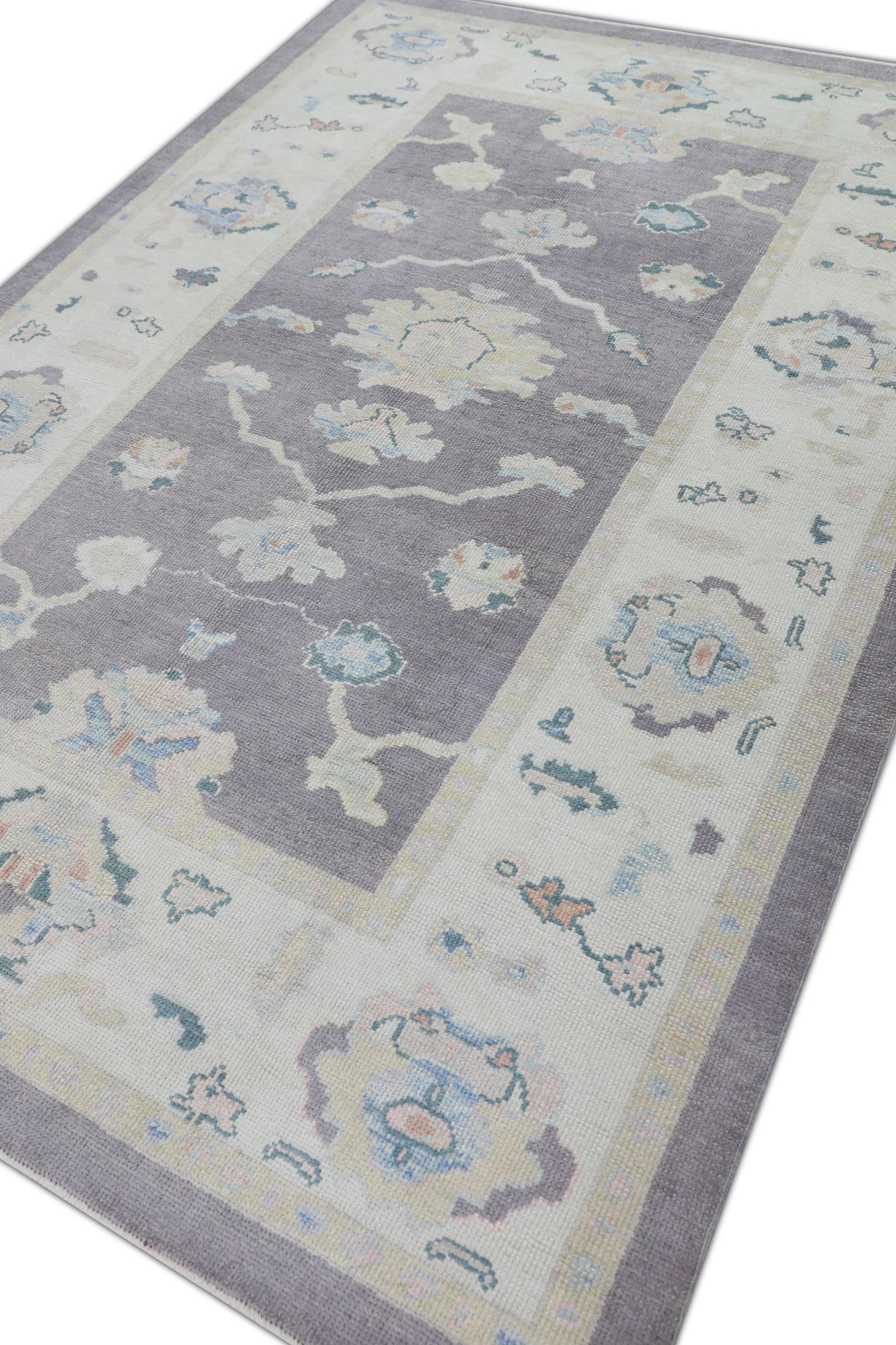 Türkischer Oushak Teppich Handgewebte Wolle Lila Blau Floral Design Teppich 6'2