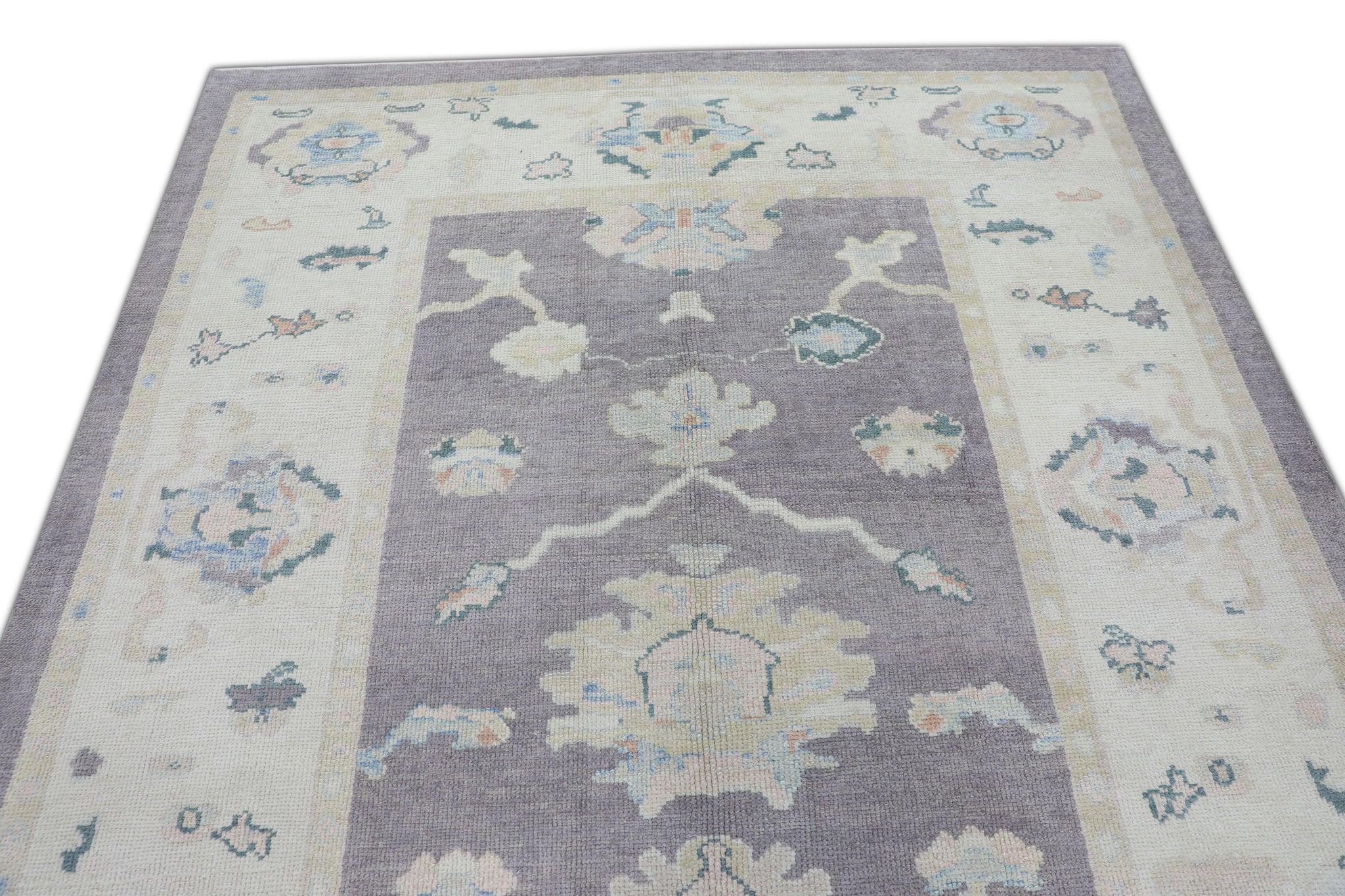 Türkischer Oushak Teppich Handgewebte Wolle Lila Blau Floral Design Teppich 6'2
