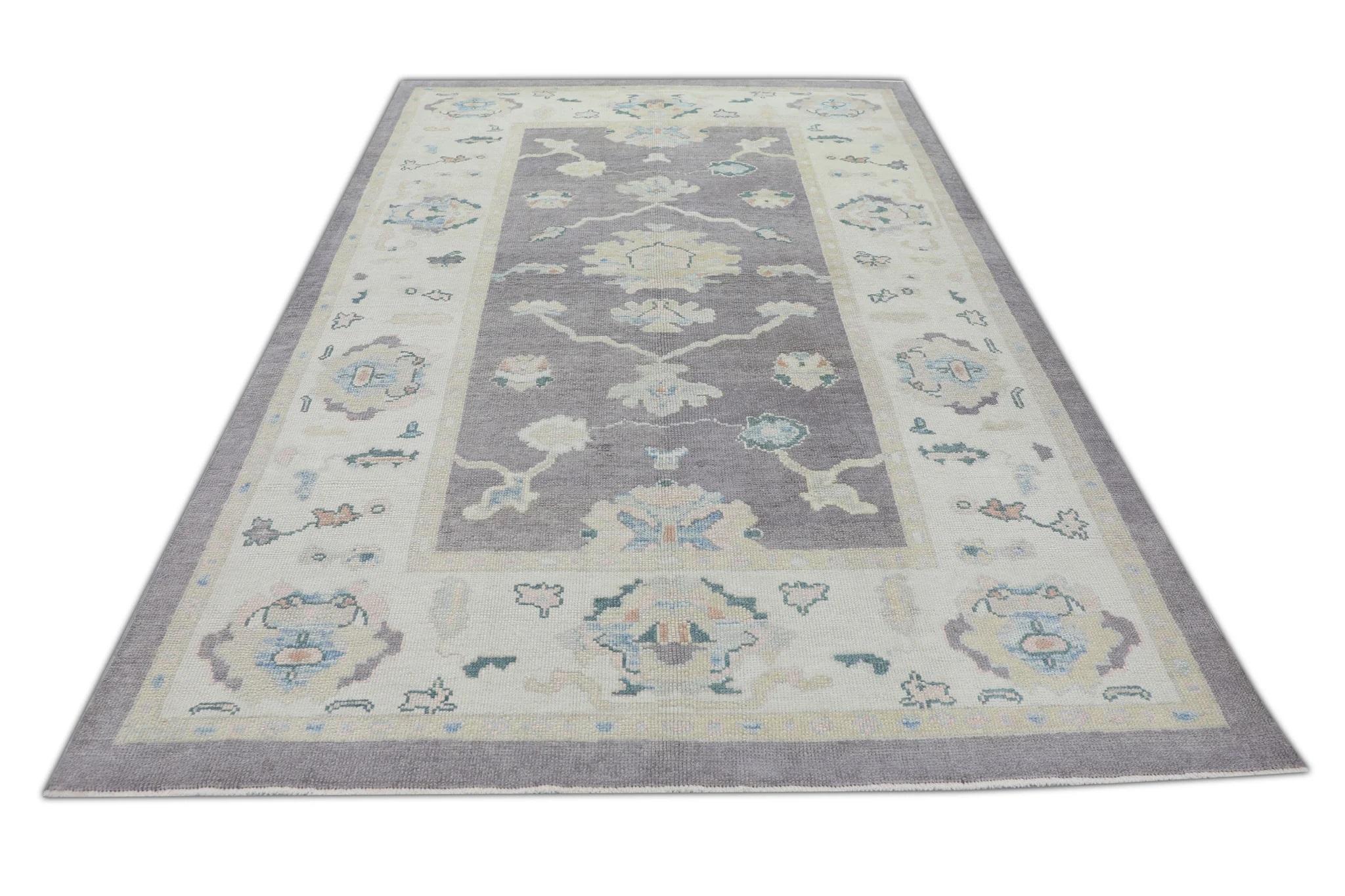 Türkischer Oushak Teppich Handgewebte Wolle Lila Blau Floral Design Teppich 6'2
