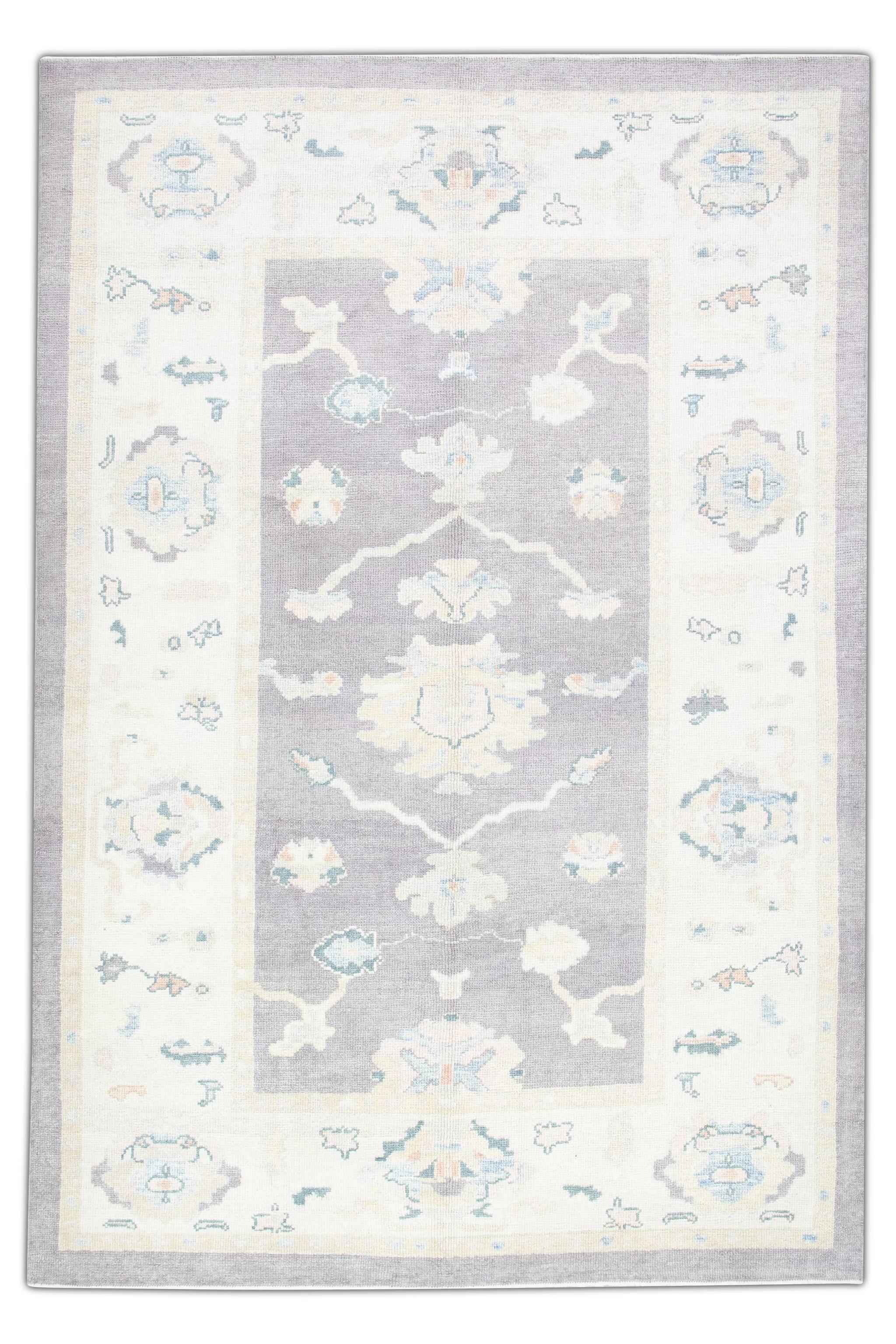 Türkischer Oushak Teppich Handgewebte Wolle Lila Blau Floral Design Teppich 6'2