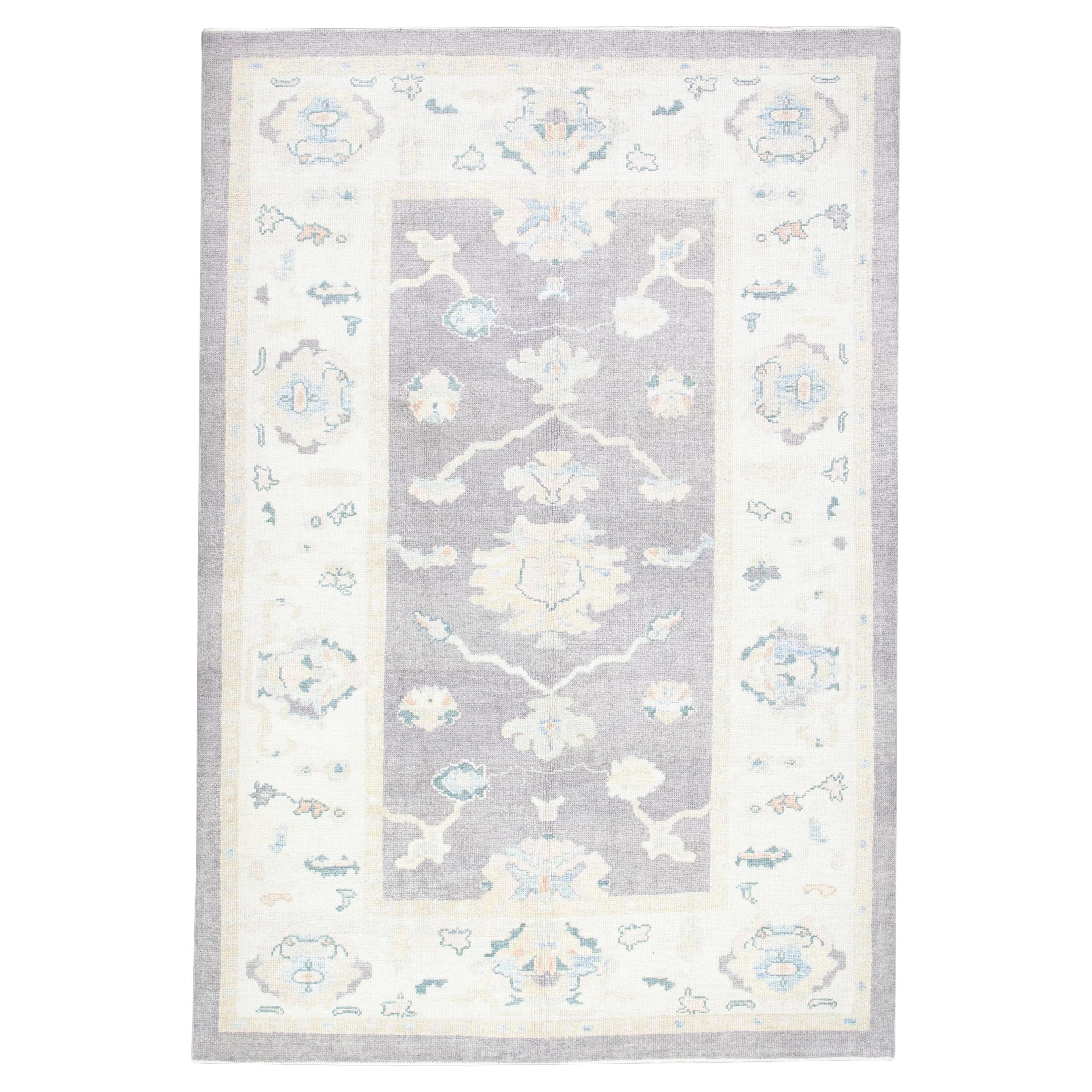 Turkish Oushak Rug Handwoven Wool Purple Blue Floral Design Rug 6'2" x 9'