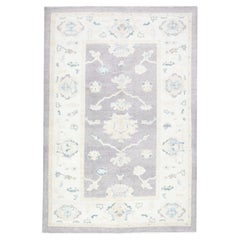 Turkish Oushak Rug Handwoven Wool Purple Blue Floral Design Rug 6'2" x 9'