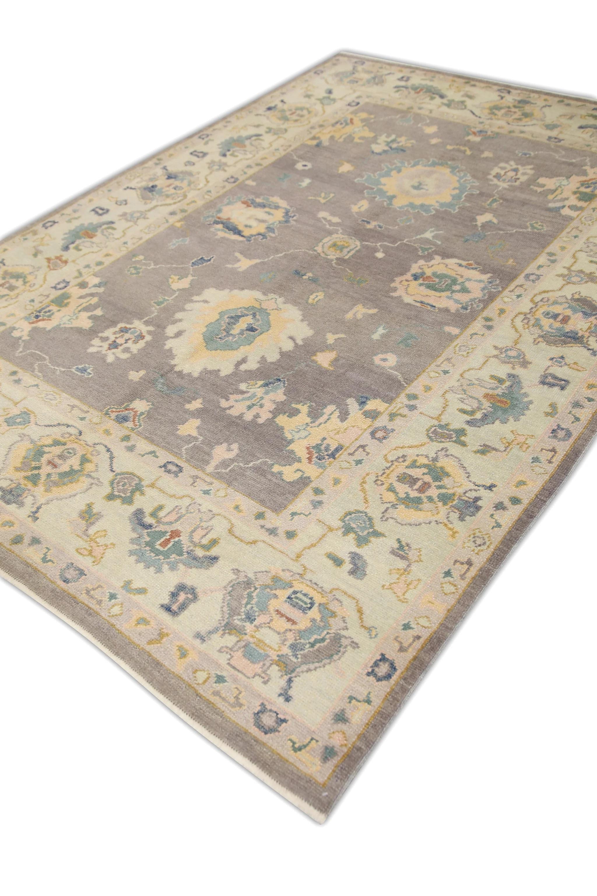 Türkischer Oushak Teppich Handgewebte Wolle Lila Buntes Florales Design 6'11