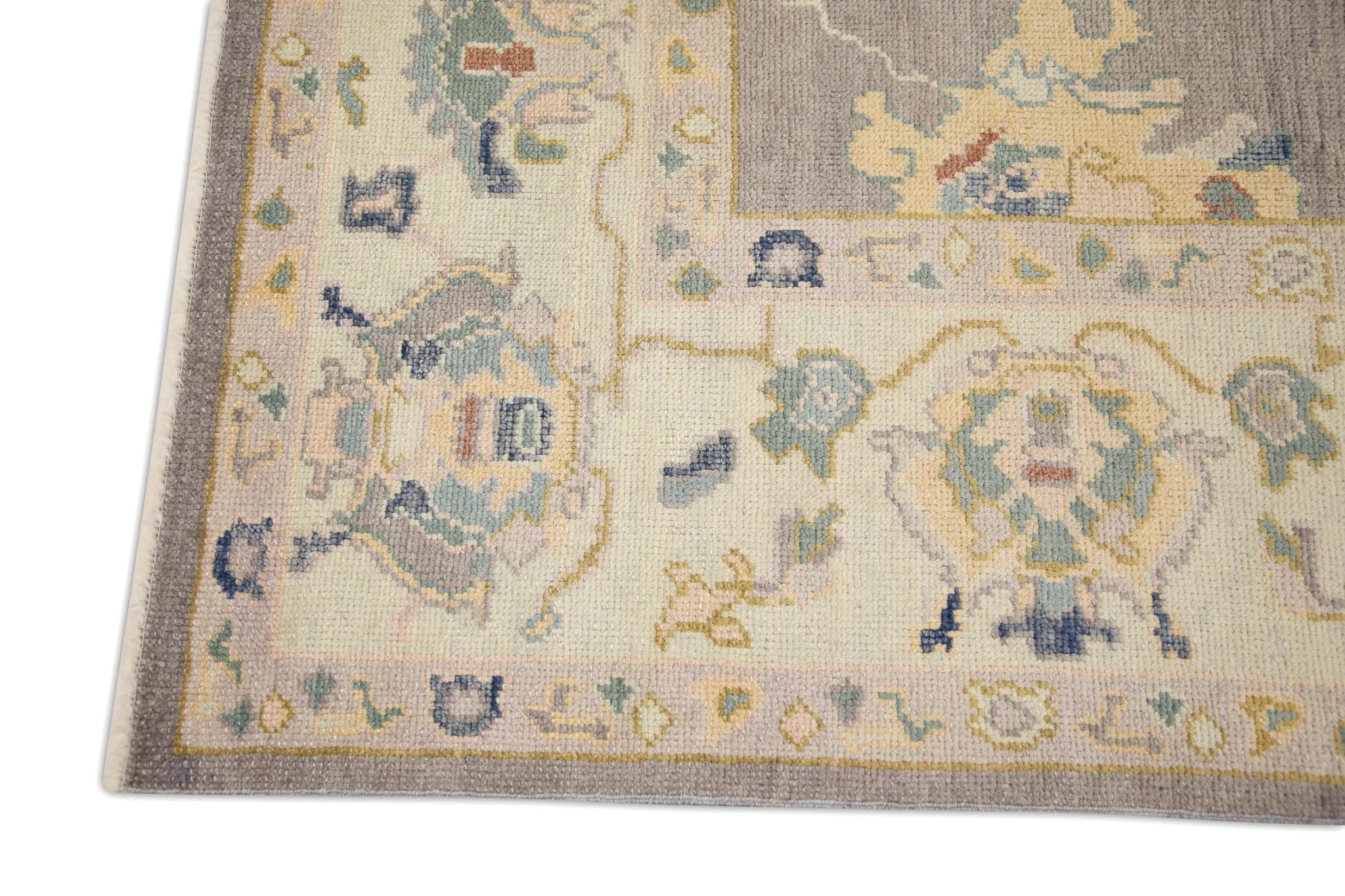 Türkischer Oushak Teppich Handgewebte Wolle Lila Buntes Florales Design 6'11