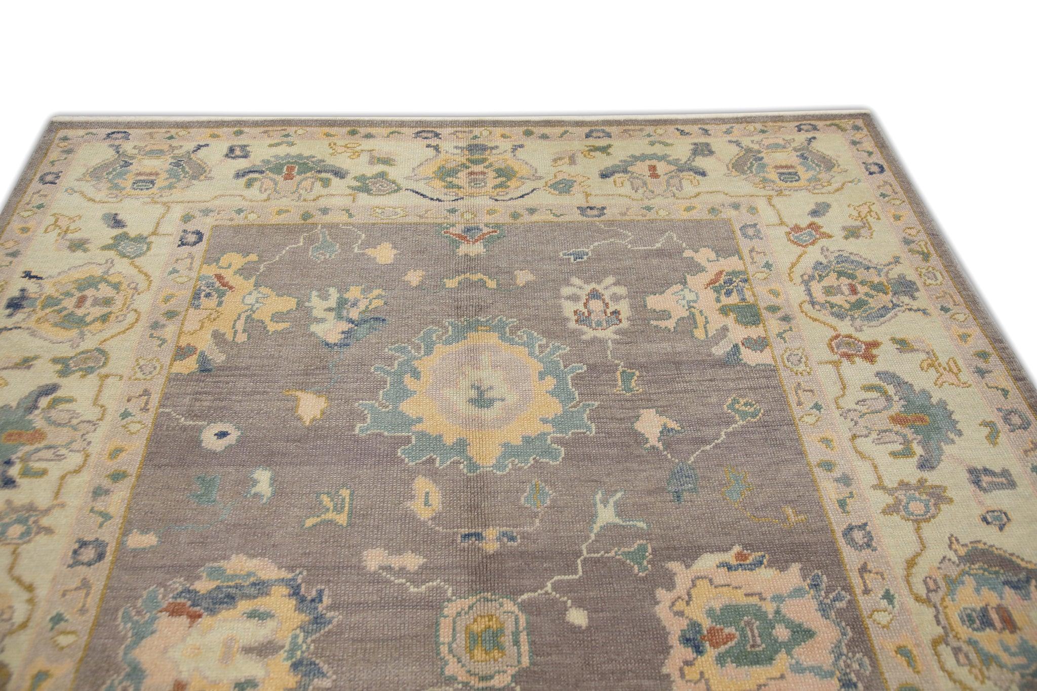 Türkischer Oushak Teppich Handgewebte Wolle Lila Buntes Florales Design 6'11