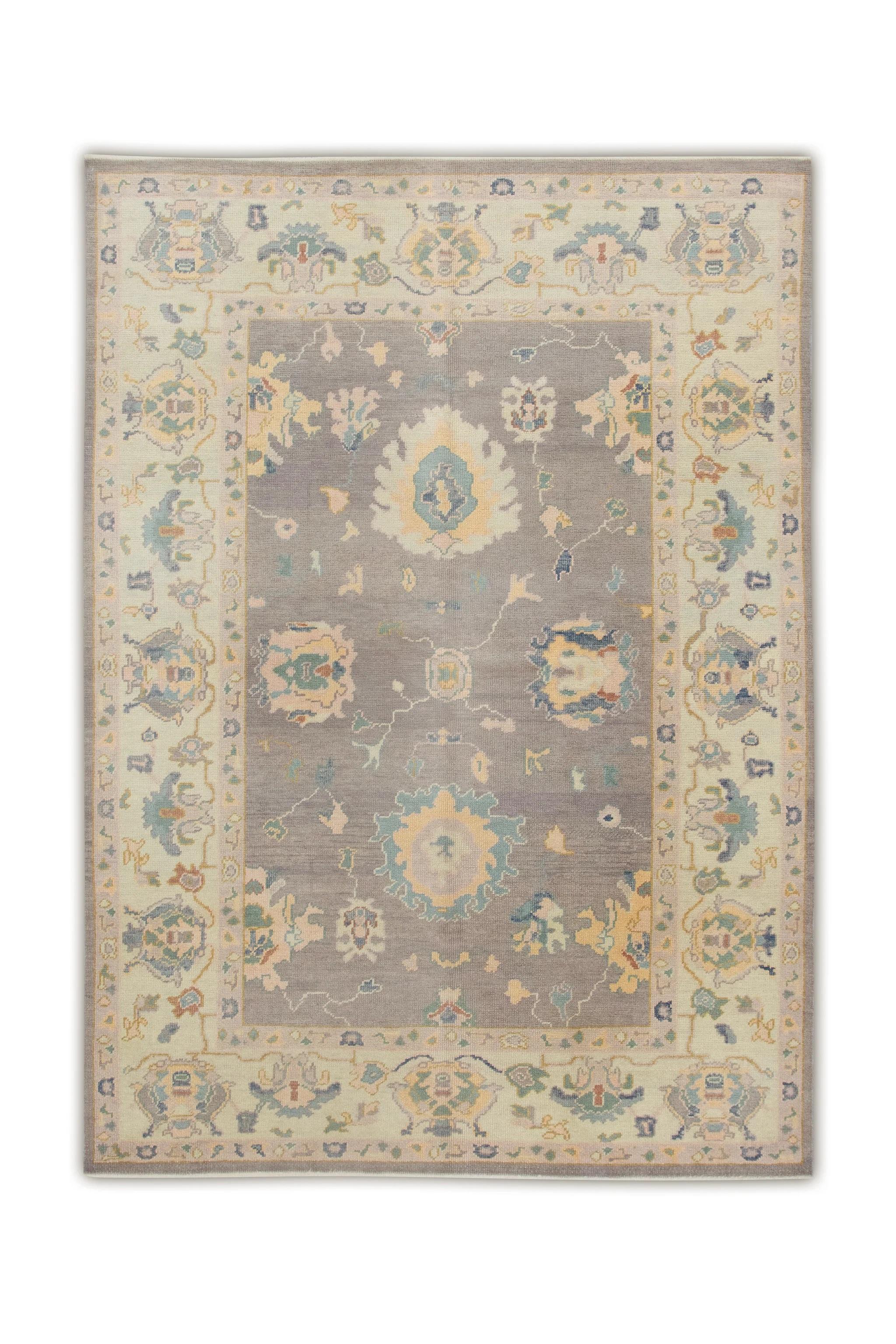 Türkischer Oushak Teppich Handgewebte Wolle Lila Buntes Florales Design 6'11