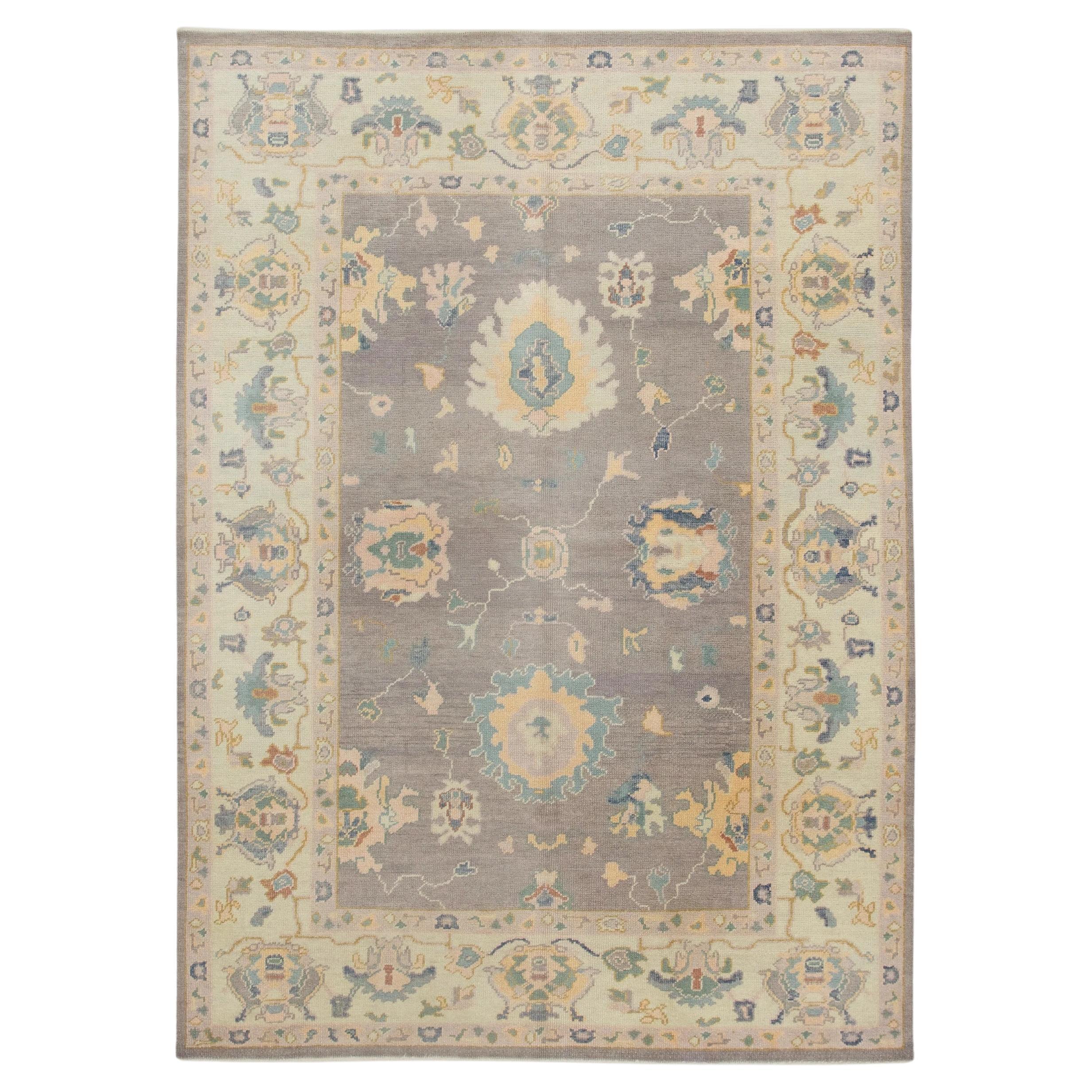 Turkish Oushak Rug Handwoven Wool Purple Colorful Floral Design 6'11" x 9'10"