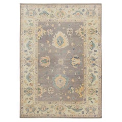 Turkish Oushak Rug Handwoven Wool Purple Colorful Floral Design 6'11" x 9'10"