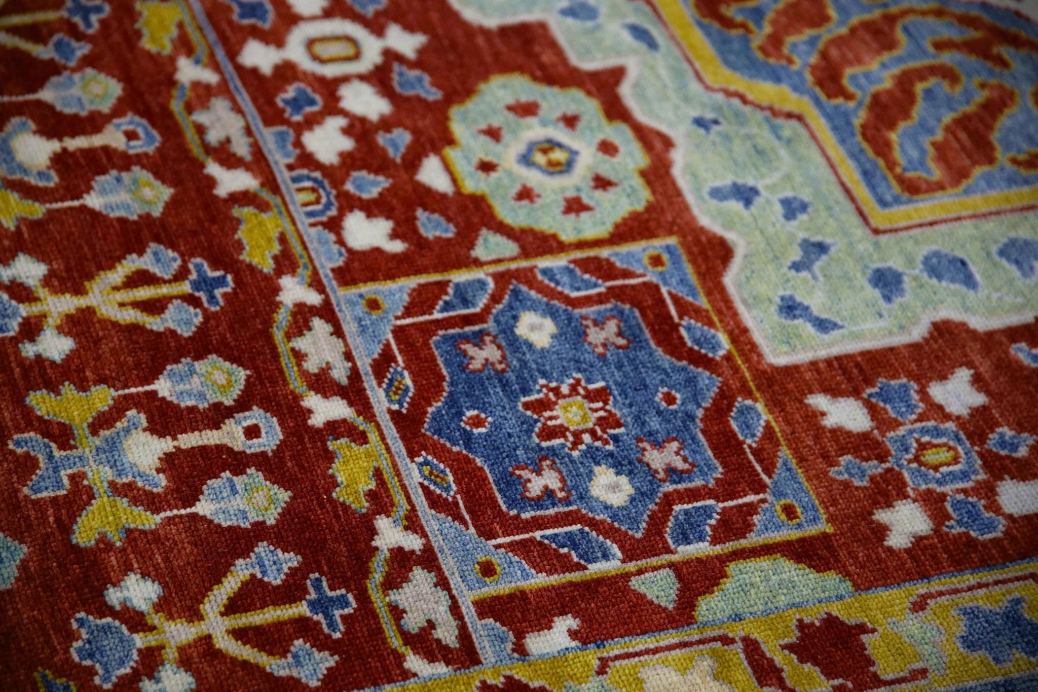 Turkish Oushak Rug Handwoven Wool Red and Blue Medallion Rug 8'3
