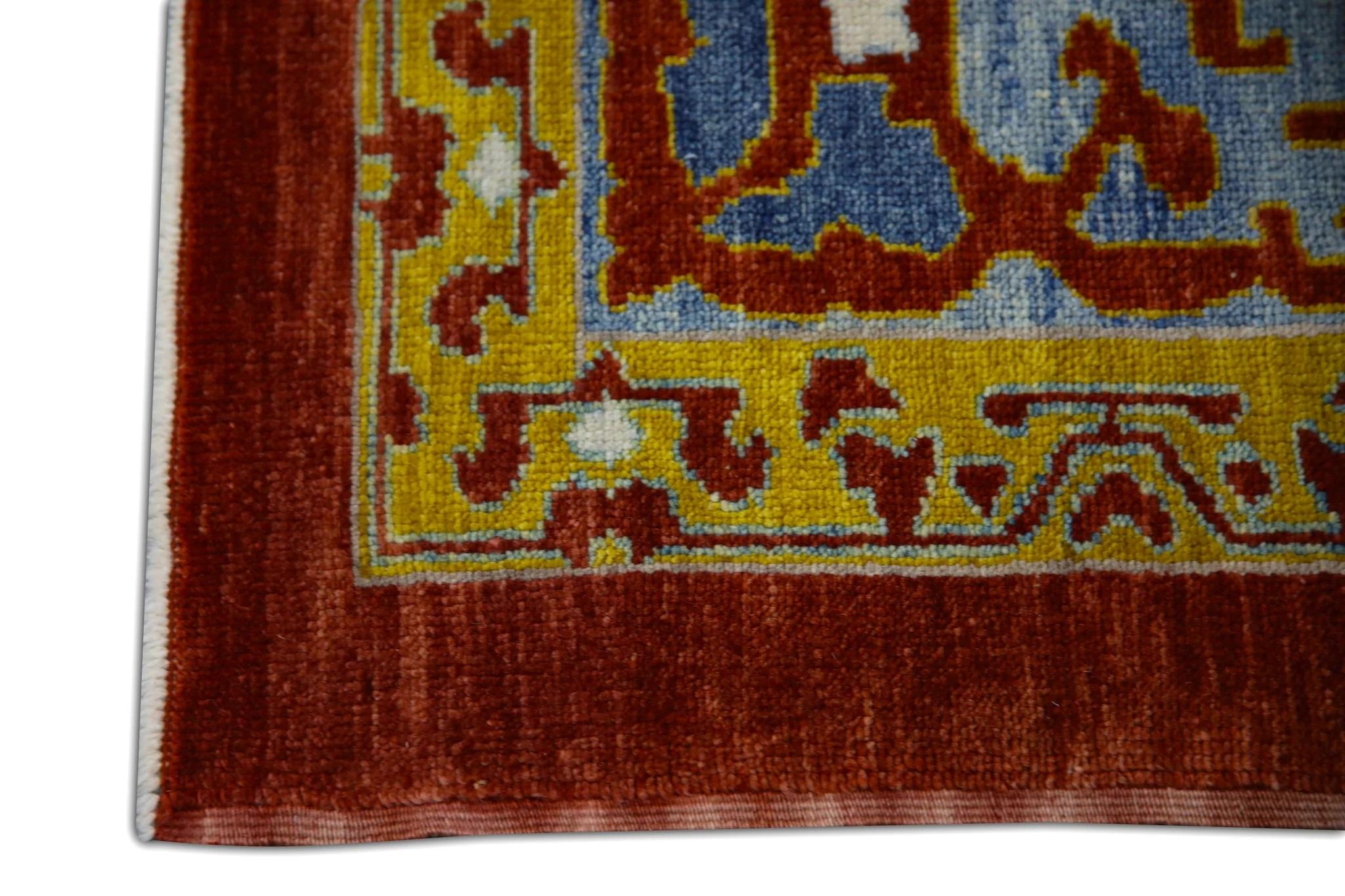 Vegetable Dyed Turkish Oushak Rug Handwoven Wool Red and Blue Medallion Rug 8'3