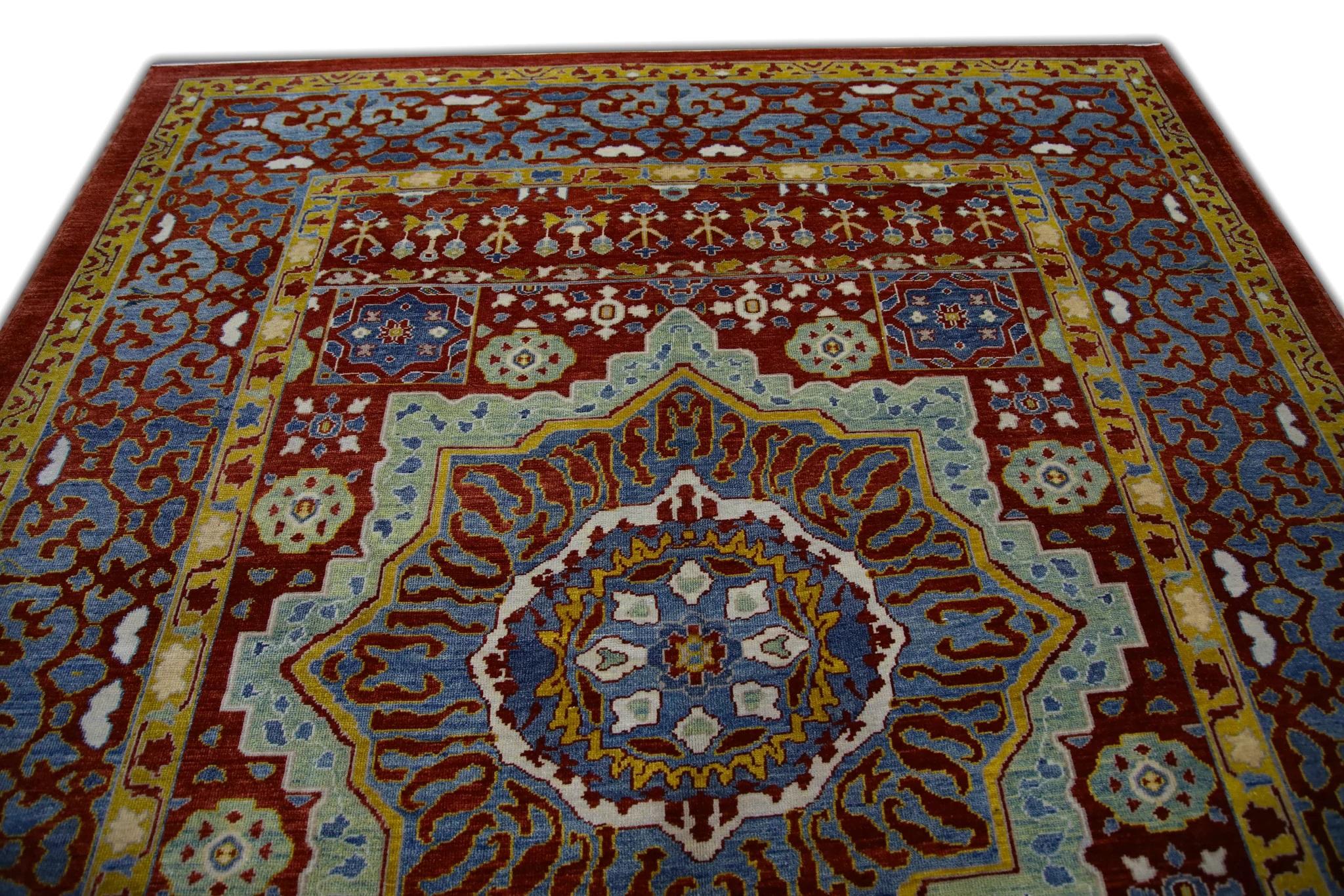 Turkish Oushak Rug Handwoven Wool Red and Blue Medallion Rug 8'3