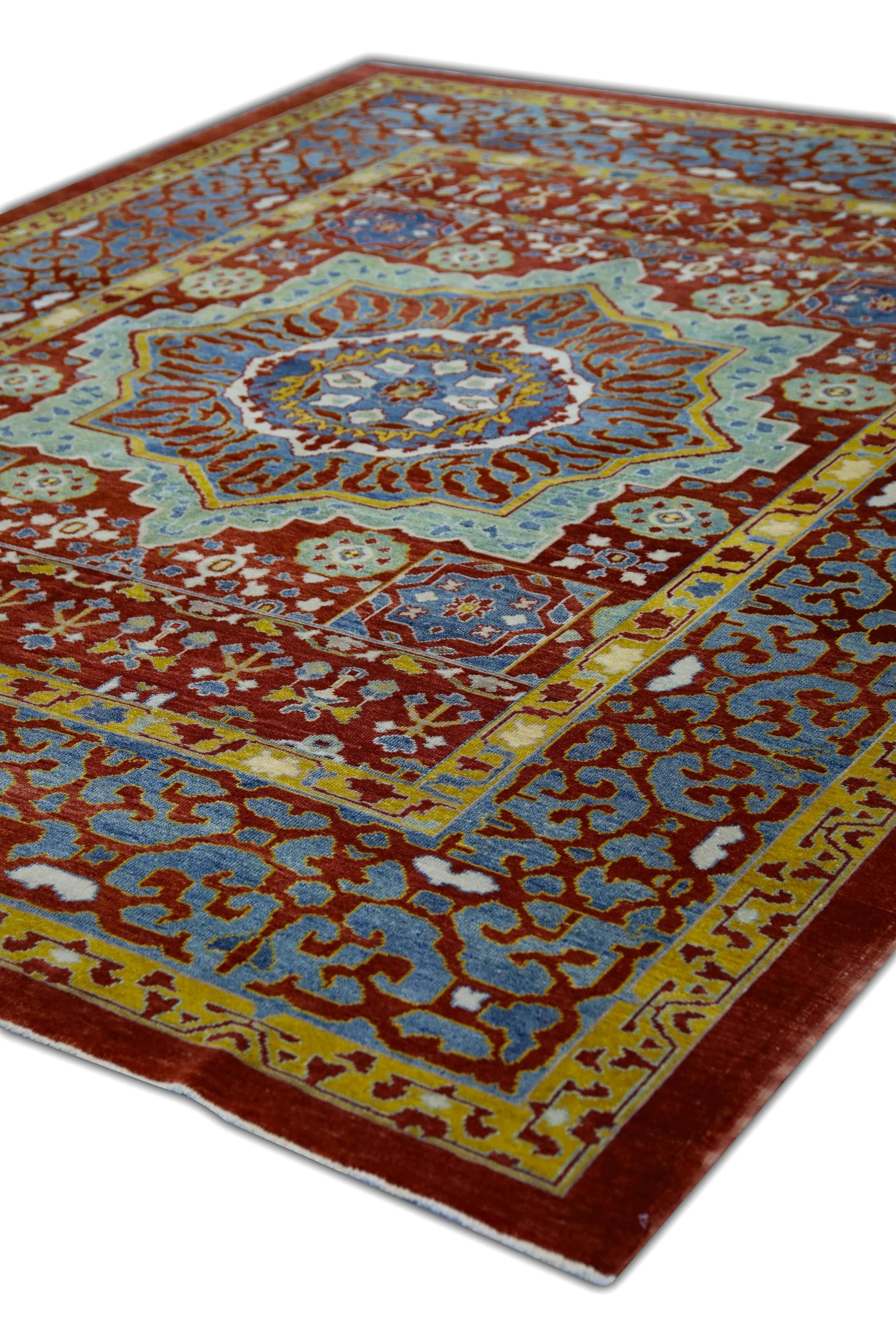 Contemporary Turkish Oushak Rug Handwoven Wool Red and Blue Medallion Rug 8'3