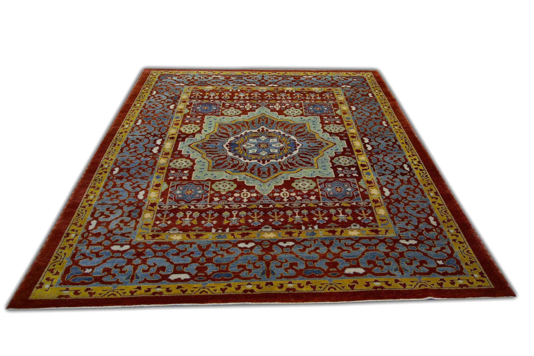 Turkish Oushak Rug Handwoven Wool Red and Blue Medallion Rug 8'3