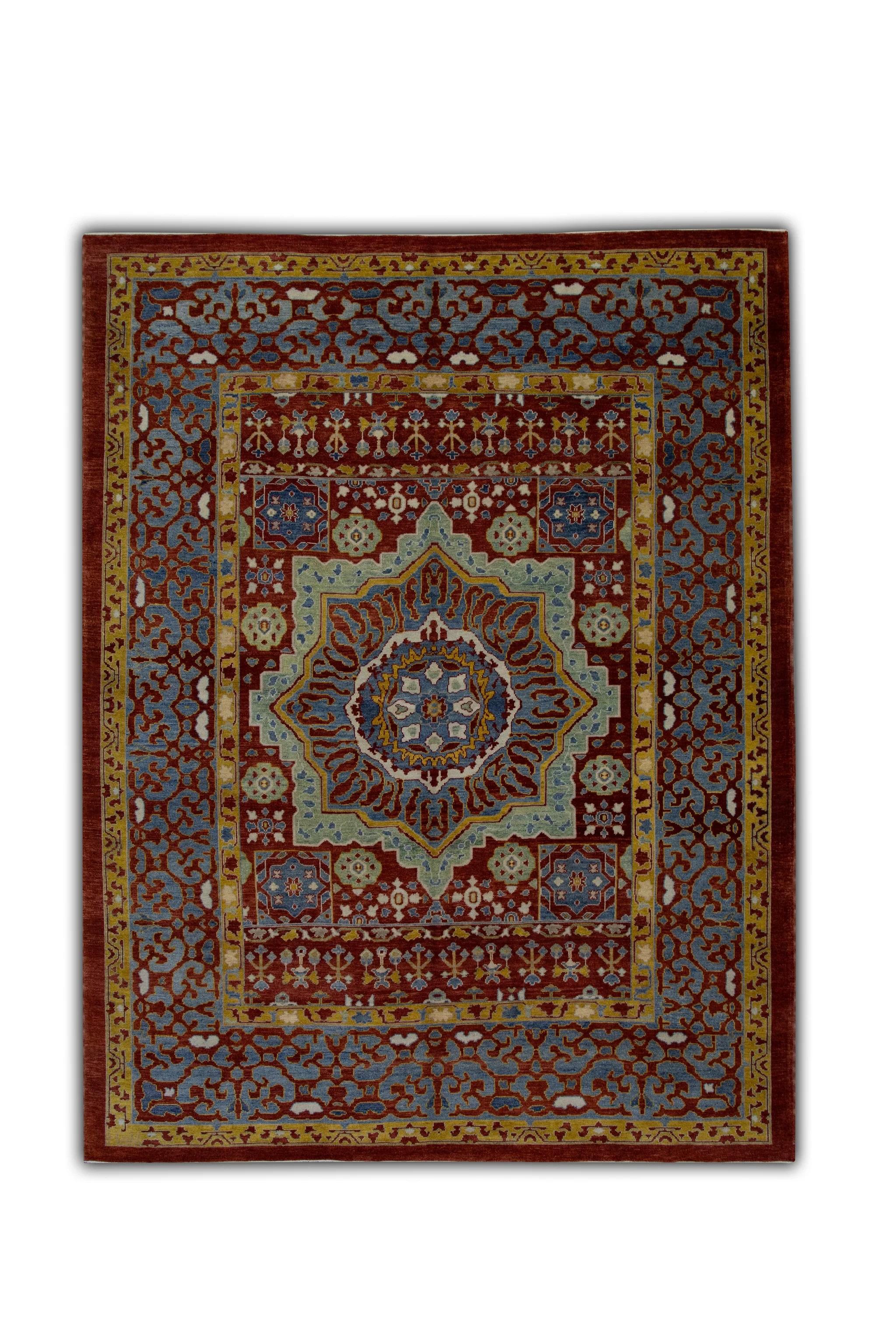 Turkish Oushak Rug Handwoven Wool Red and Blue Medallion Rug 8'3