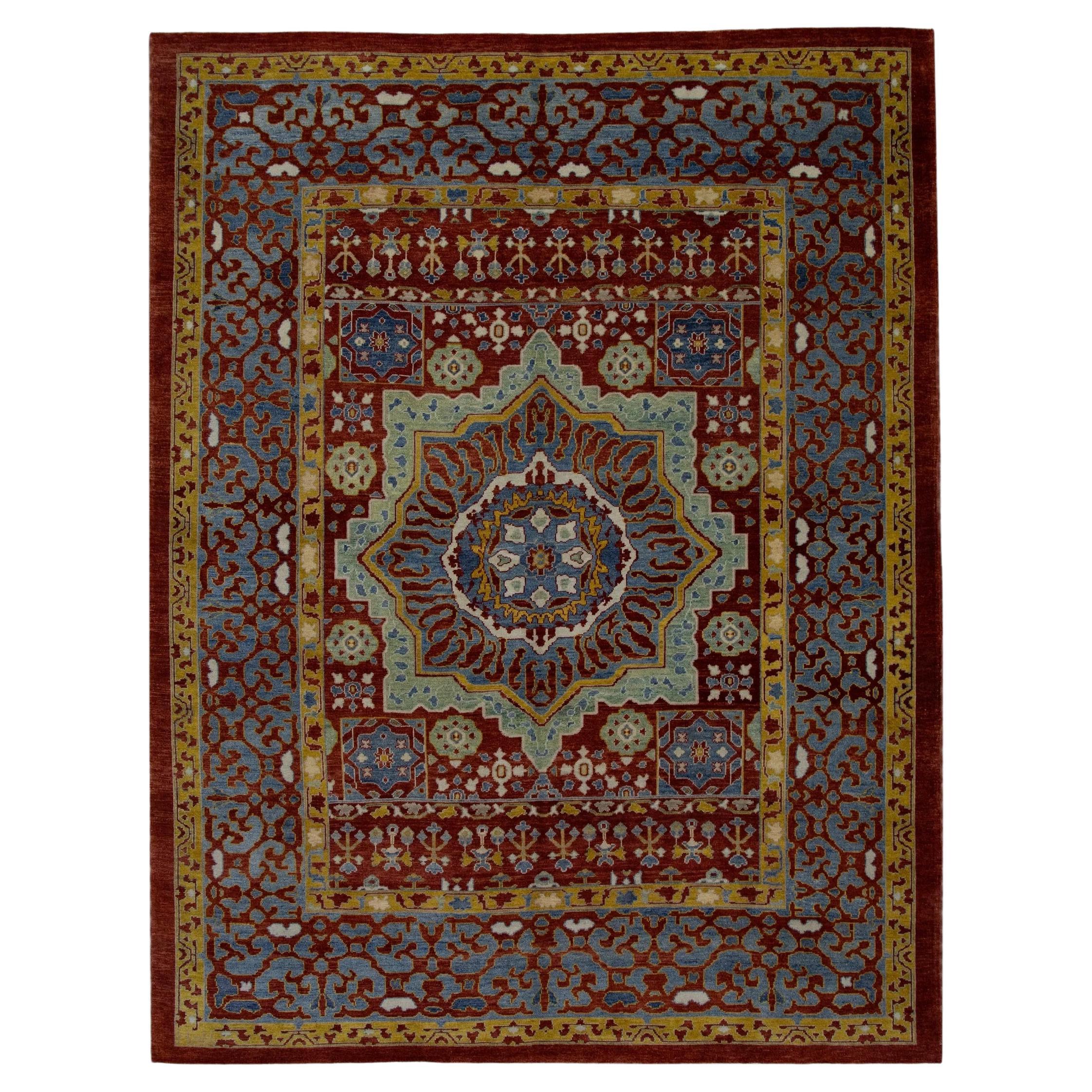 Turkish Oushak Rug Handwoven Wool Red and Blue Medallion Rug 8'3" x 9'11" For Sale